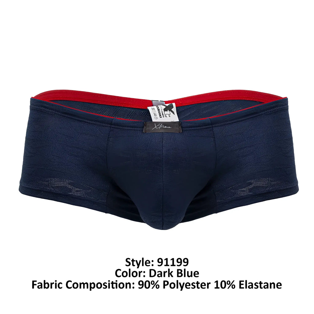 Dark blue xtremen 91199 jacquard trunks men’s briefs with red waistband and textured polyester elastane fabric