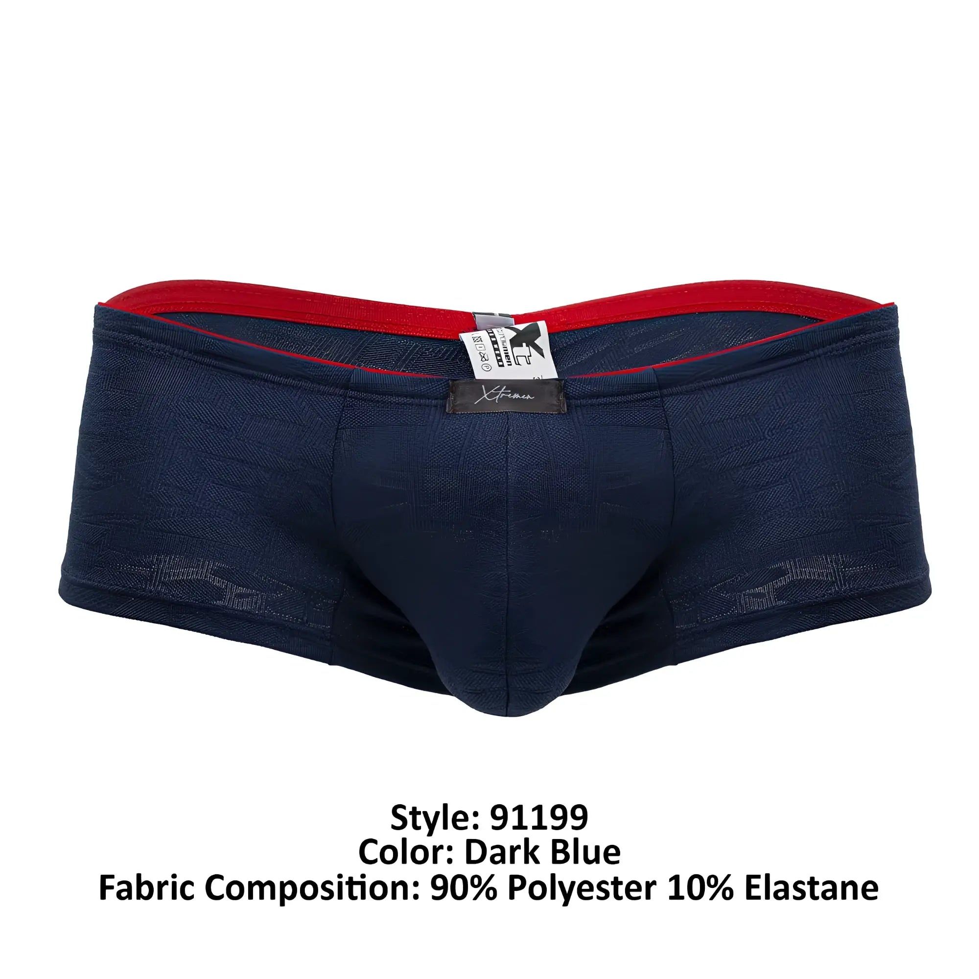 Dark blue xtremen 91199 jacquard trunks men’s briefs with red waistband and textured polyester elastane fabric