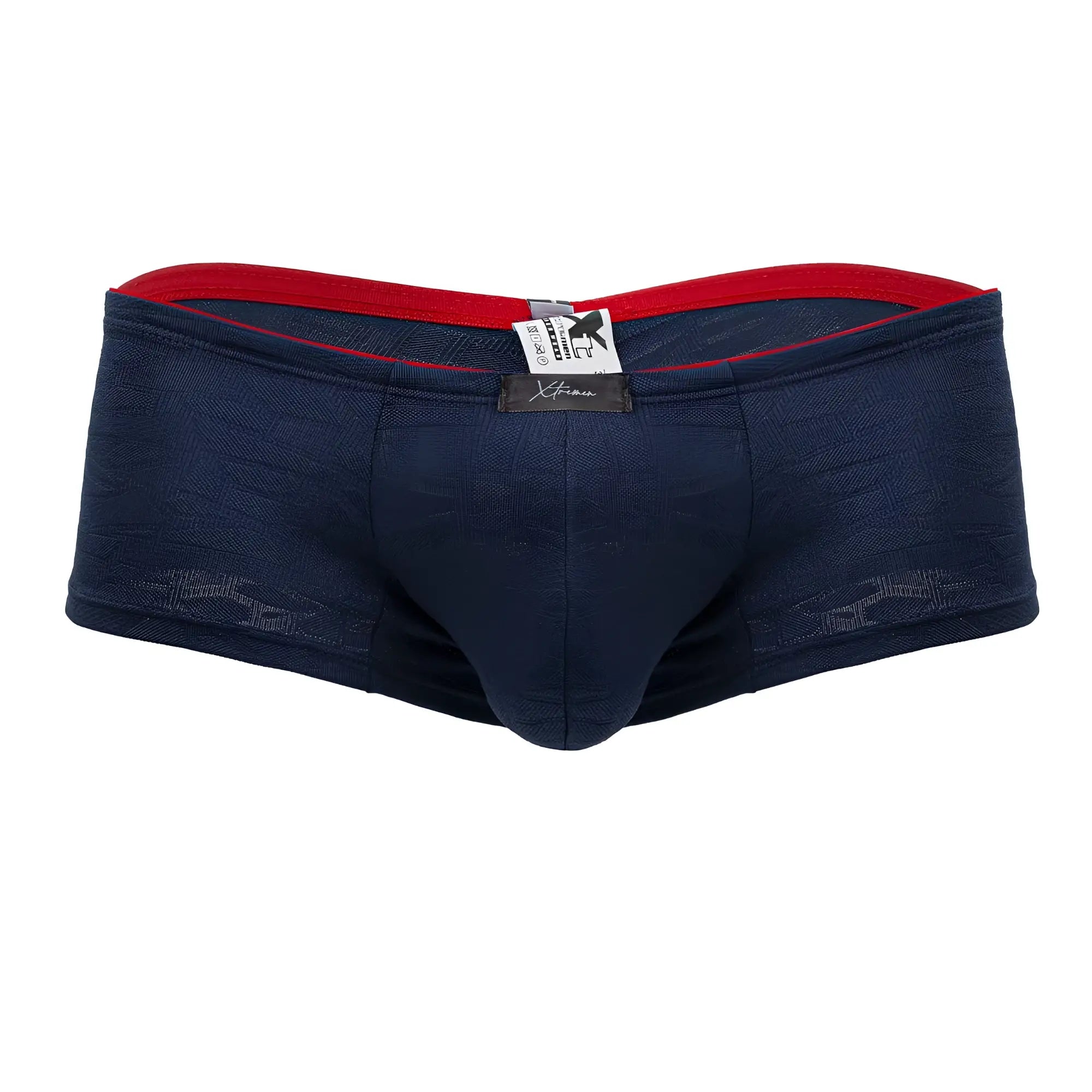 Xtremen 91199 jacquard trunks in navy blue textured fabric with red inner waistband and black brand tag