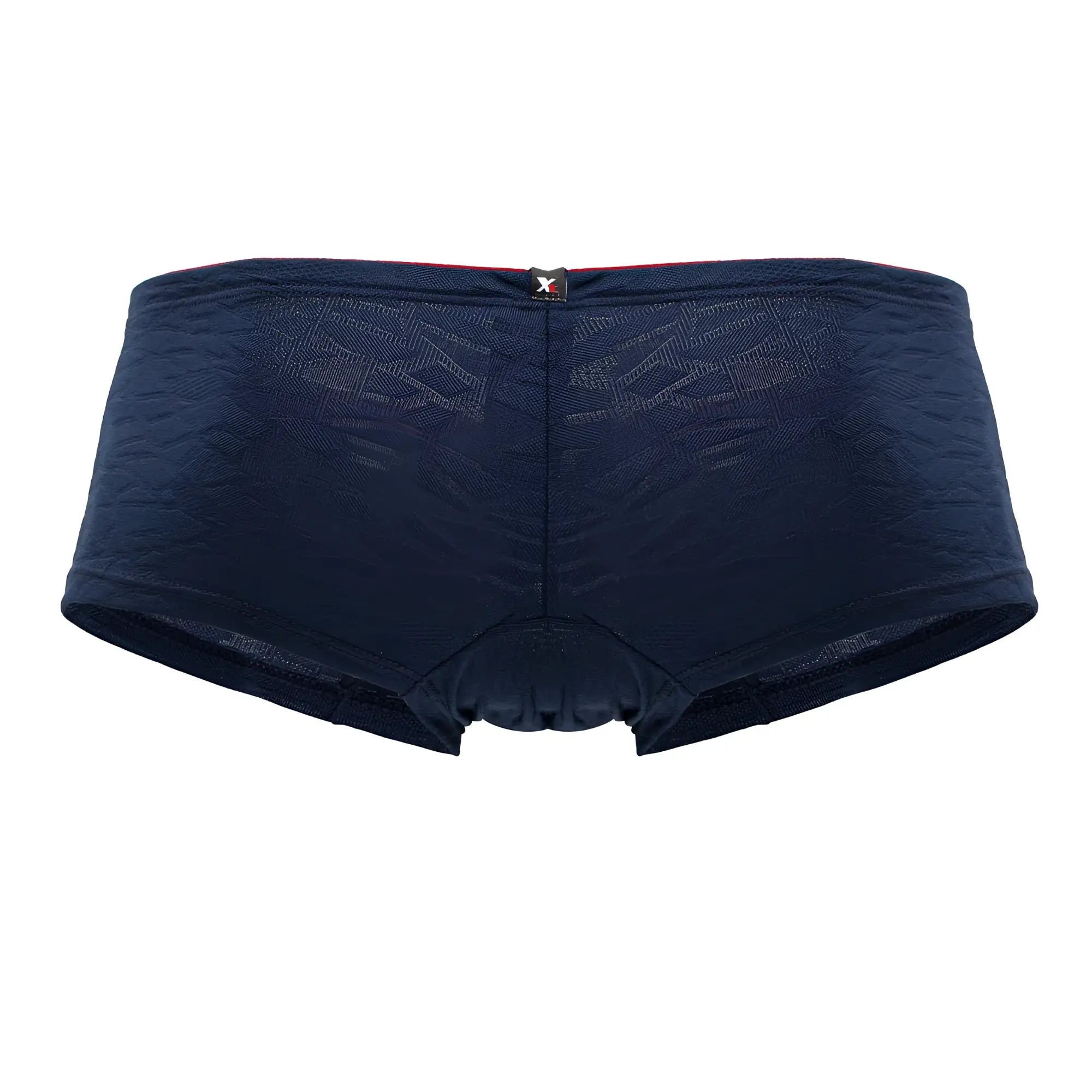 Dark blue xtremen 91199 jacquard trunks with textured geometric pattern and red-trimmed waistband featuring x logo