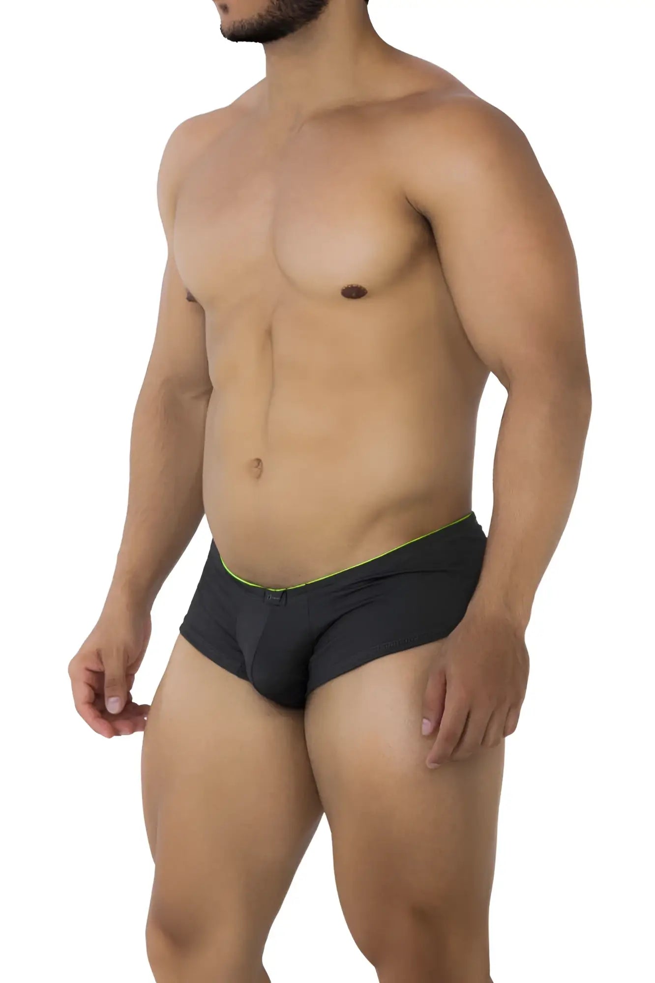 Black xtremen 91199 jacquard trunks with neon green waistband trim in gray showing front side