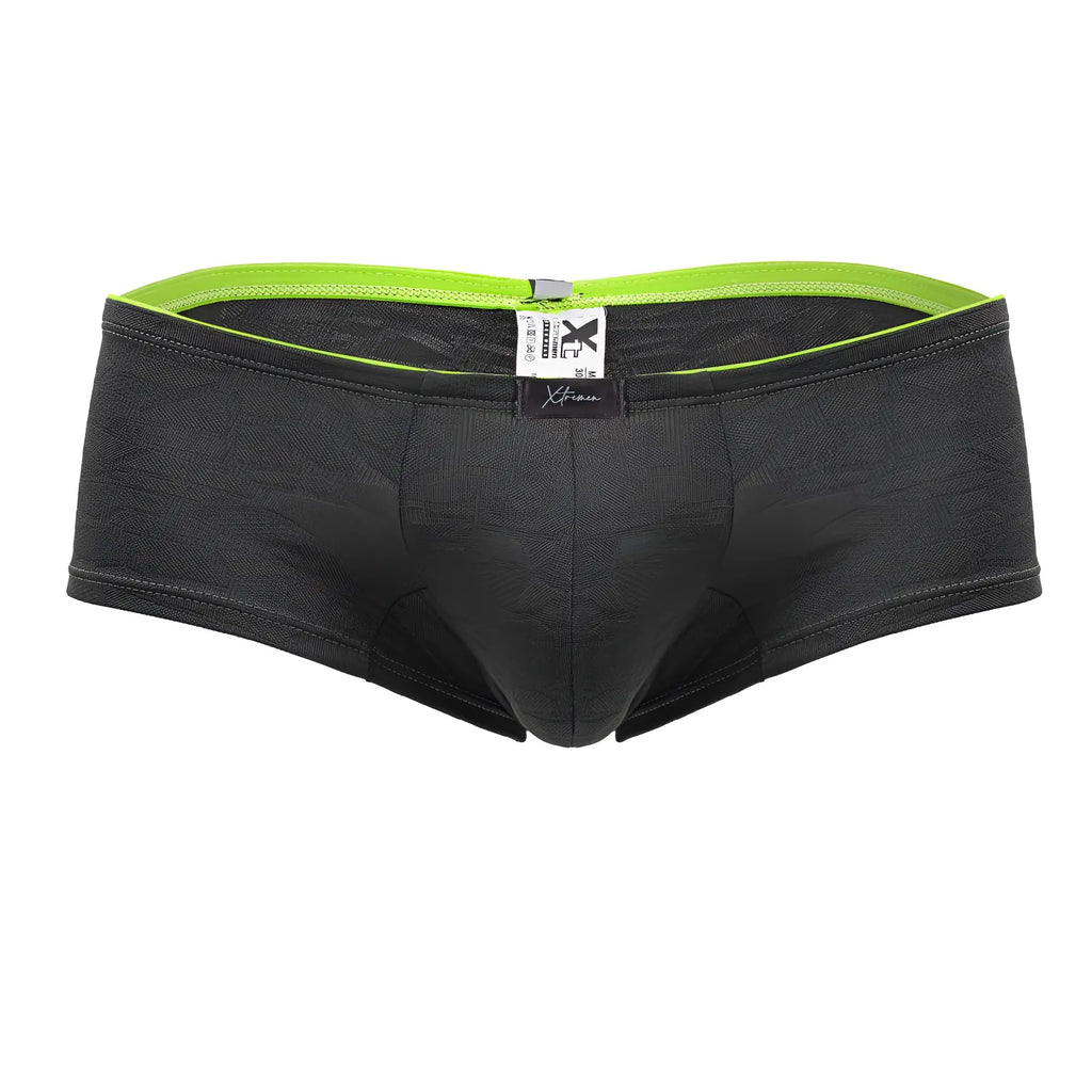 Xtremen 91199 jacquard trunks gray featuring black textured briefs with neon green waistband and branded tag