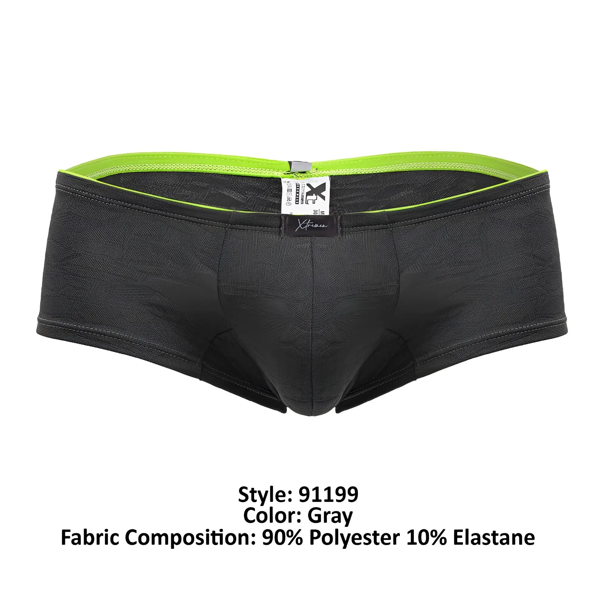 Gray xtremen 91199 jacquard trunks with neon green elastic waistband and subtle textured fabric for men