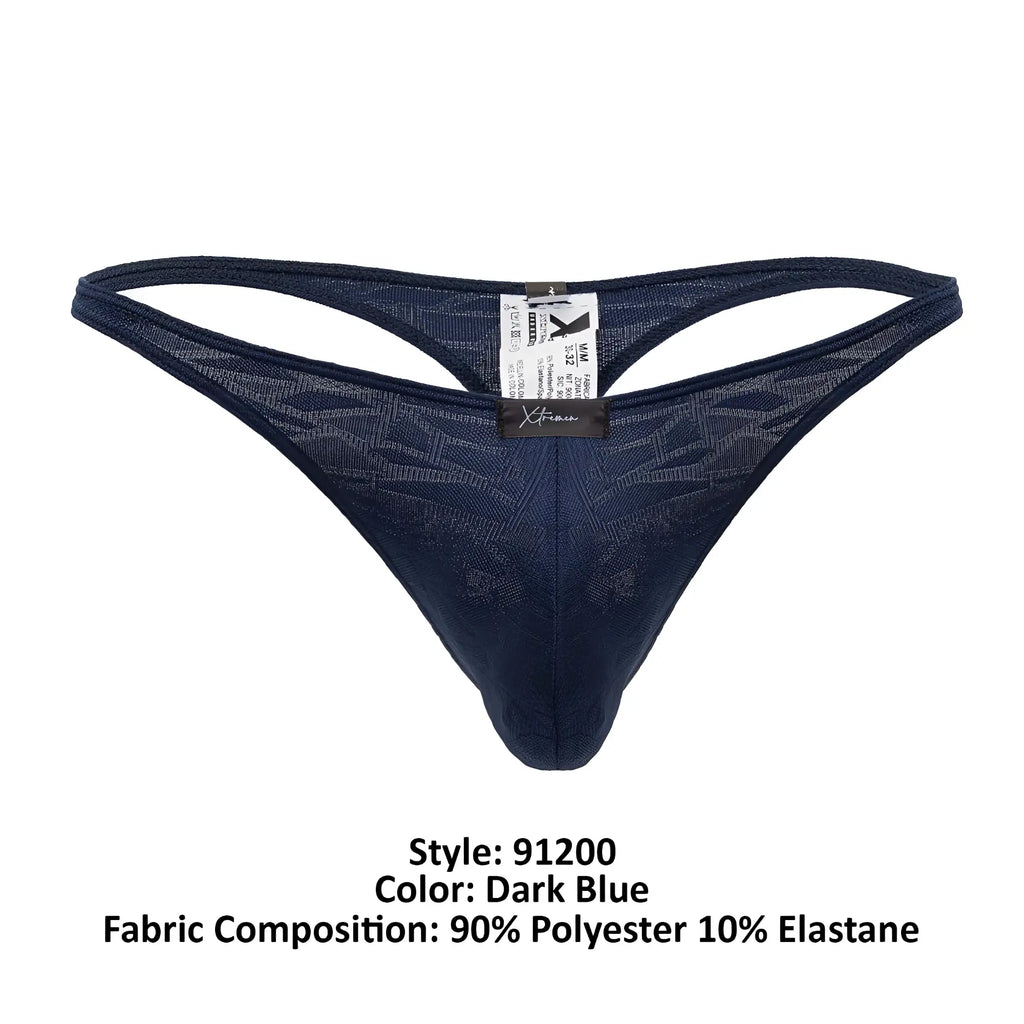 Dark blue Xtremen 91200 jacquard thong back side showing lace with subtle geometric pattern and branded tag