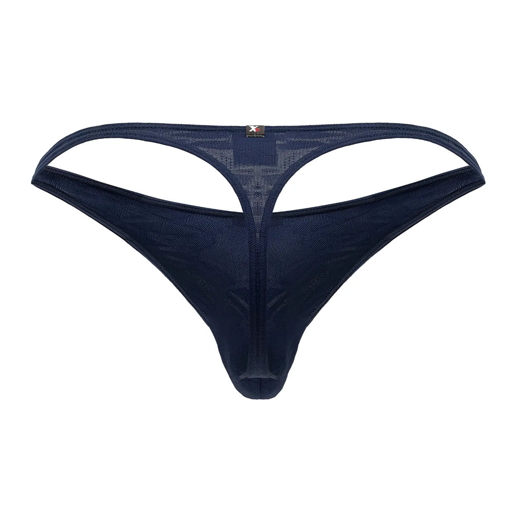Xtremen 91200 jacquard dark blue mesh thong with central cutout and small brand tag visible on the back side