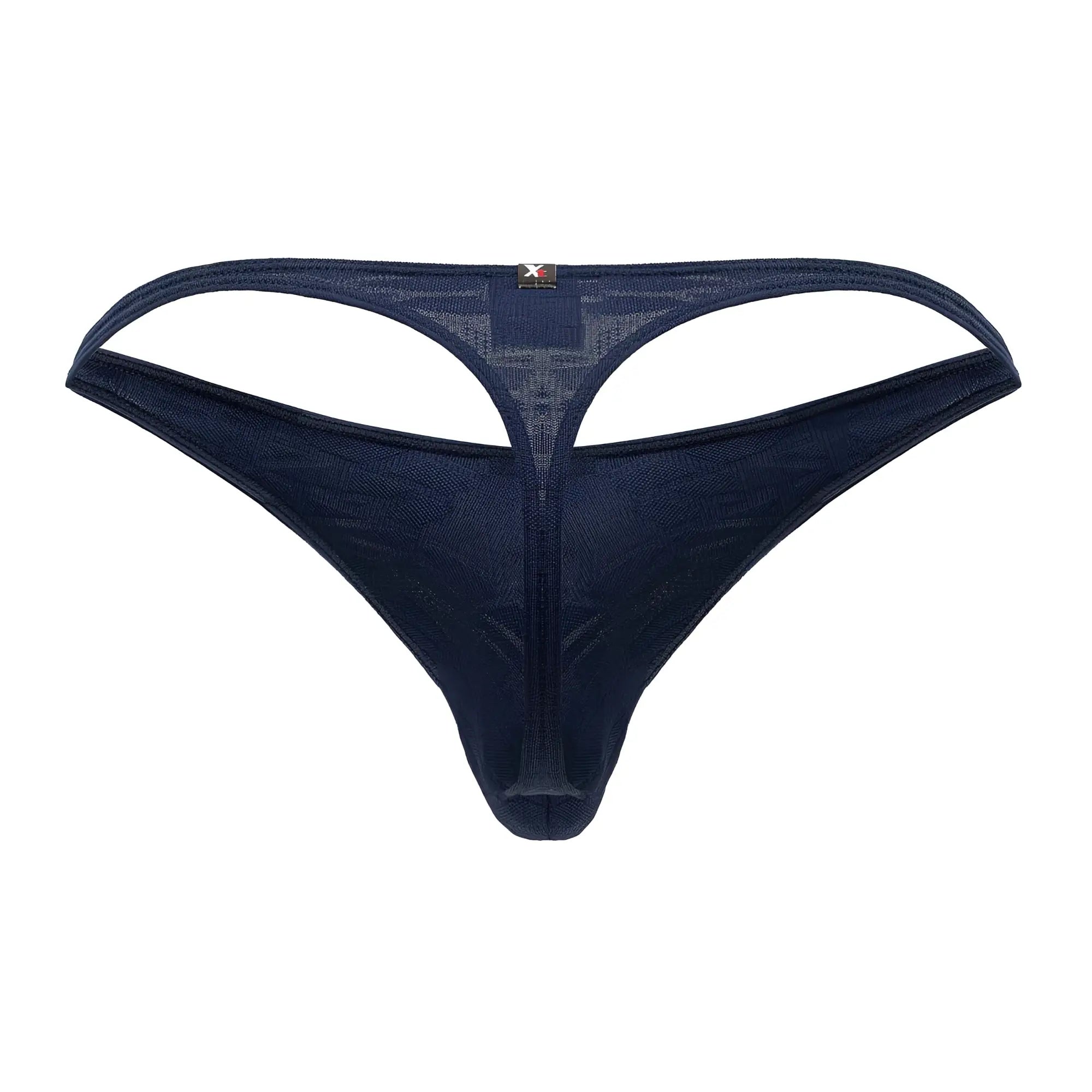 Xtremen 91200 jacquard dark blue mesh thong with central cutout and small brand tag visible on the back side