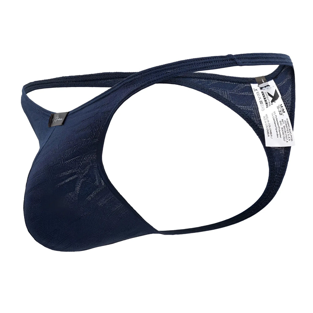 Navy blue xtremen 91200 jacquard thong with supportive contoured design mesh fabric and branded tag visible