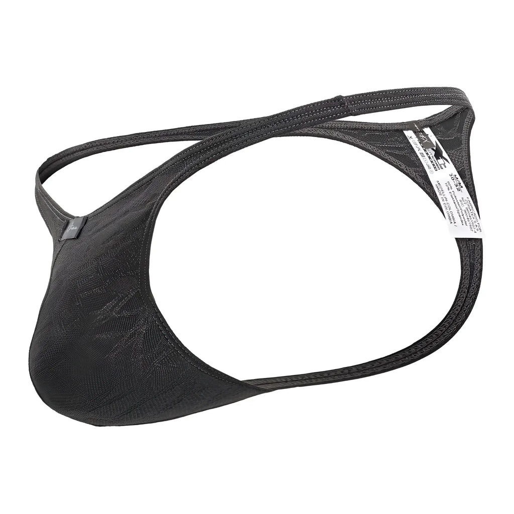 Gray Xtremen 91200 jacquard thong with black lace trim, sleek form-fitting design, and adjustable straps visible from the back