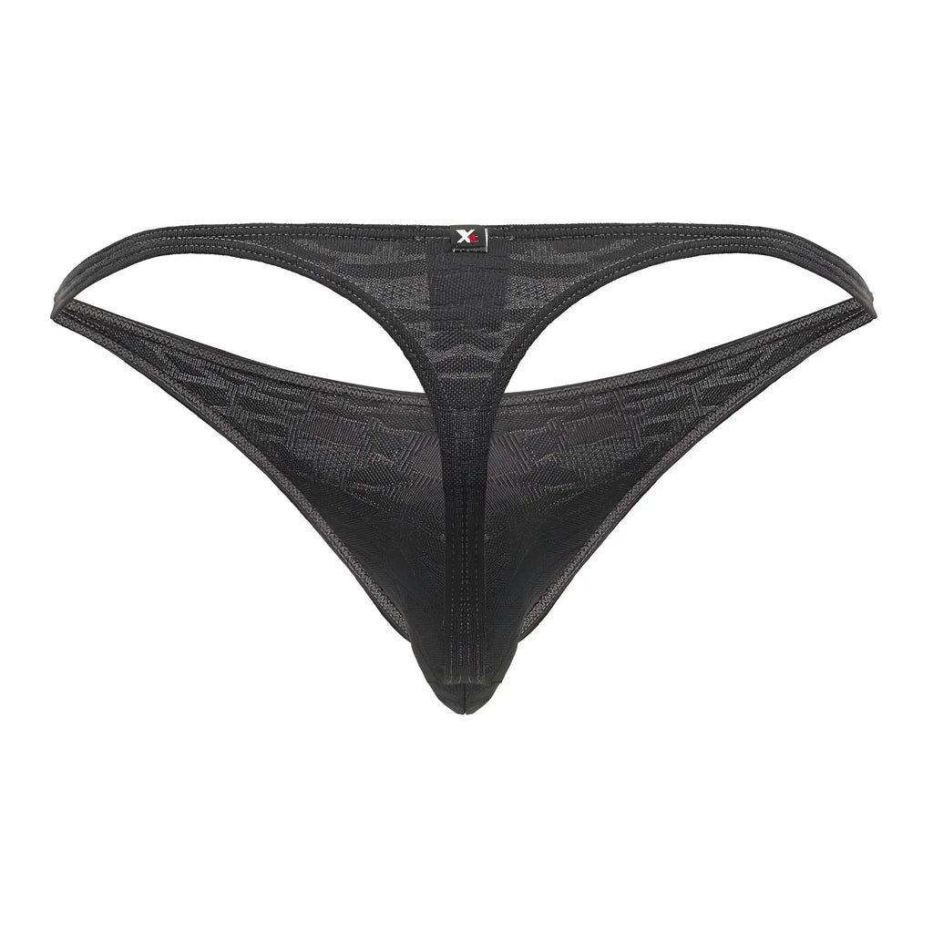 Xtremen 91200 jacquard thong gray black mesh with subtle geometric pattern and red logo on waistband front side