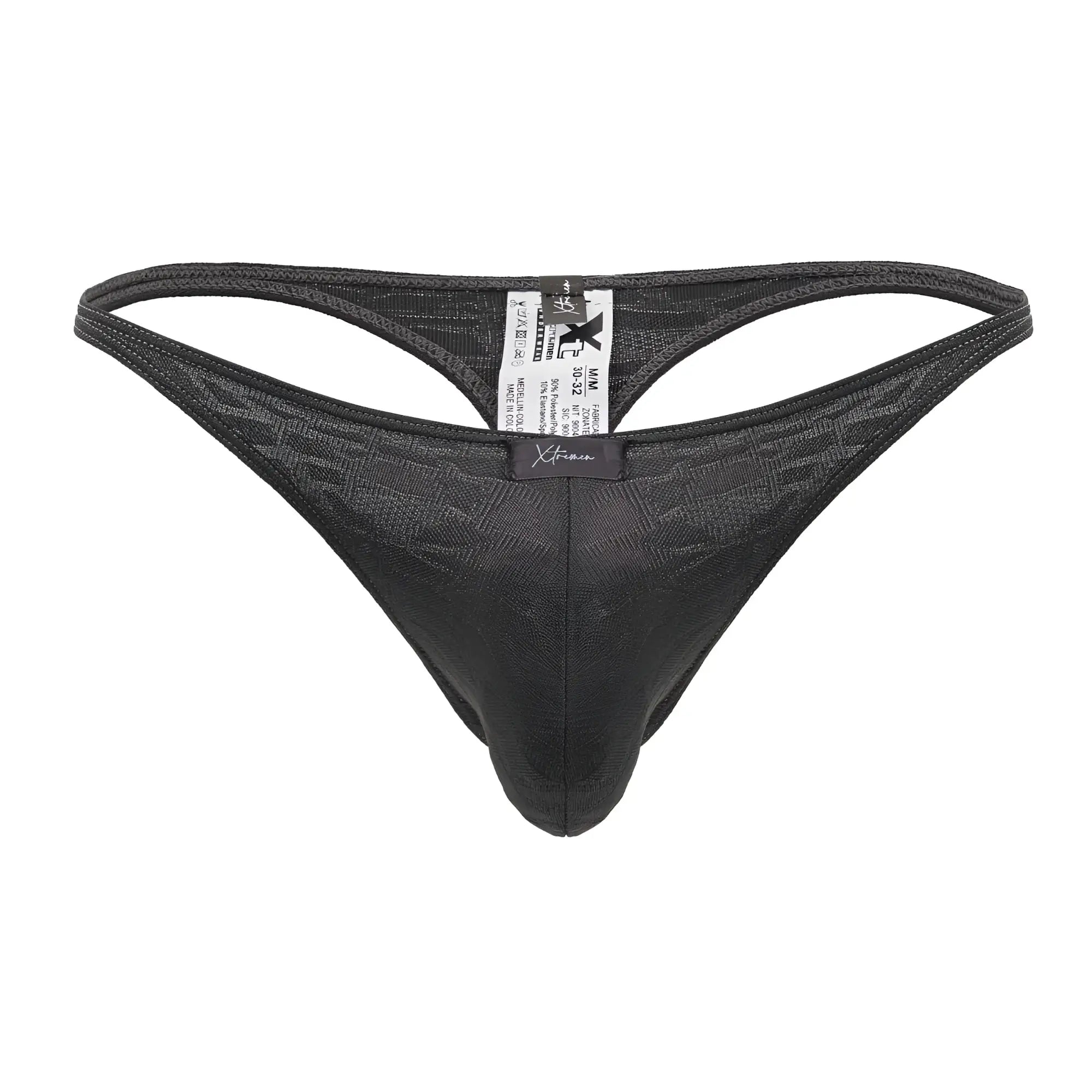 Black textured mesh jacquard thong in gray showing back side with branded xtremen 91200 tag
