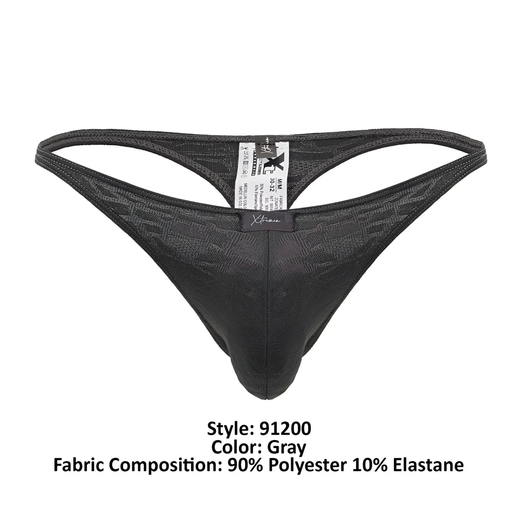 Gray xtremen 91200 jacquard thong with subtle textured pattern made of 90 polyester 10 elastane shown from the back