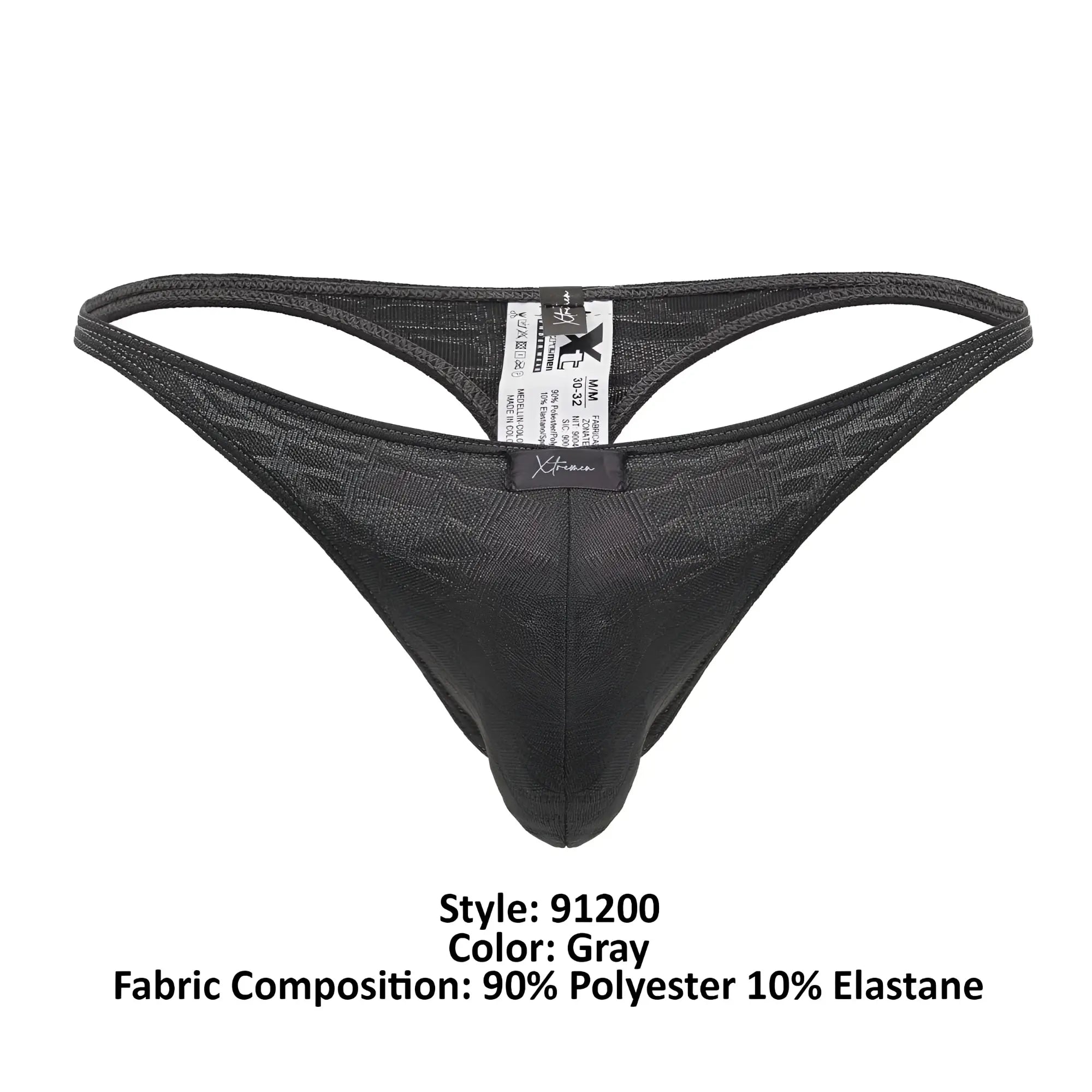 Gray xtremen 91200 jacquard thong with subtle textured pattern made of 90 polyester 10 elastane shown from the back