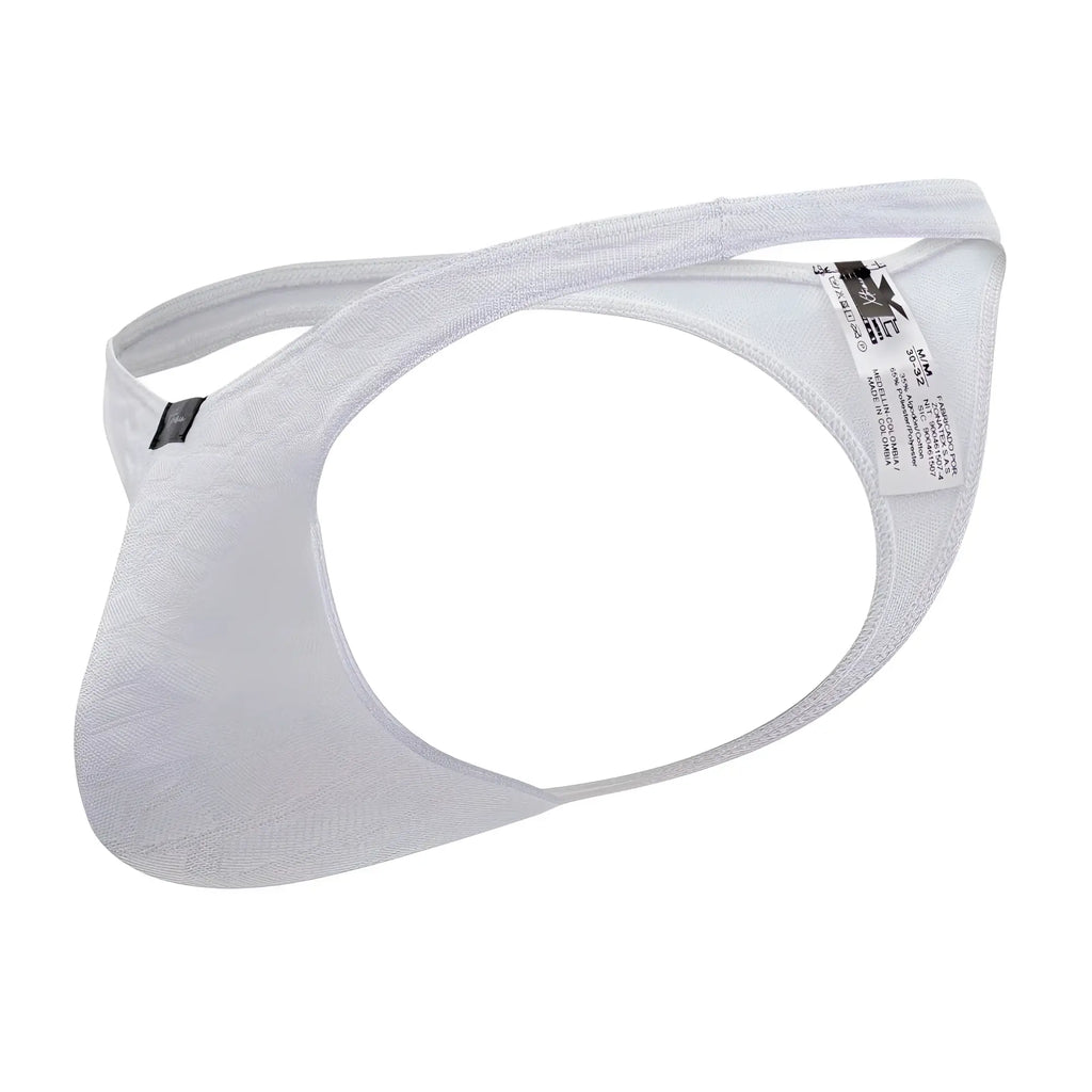 White xtremen 91200 jacquard men’s thong with lace trim subtle texture and adjustable straps showing front view