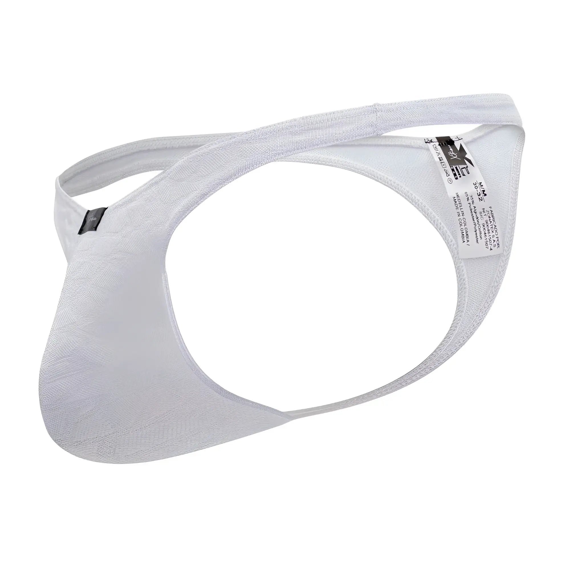 White xtremen 91200 jacquard men’s thong with lace trim subtle texture and adjustable straps showing front view