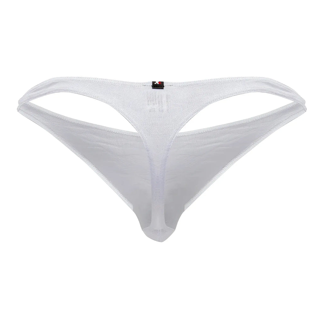 White xtremen 91200 jacquard mesh thong with subtle shimmer and small black brand tag on the back side