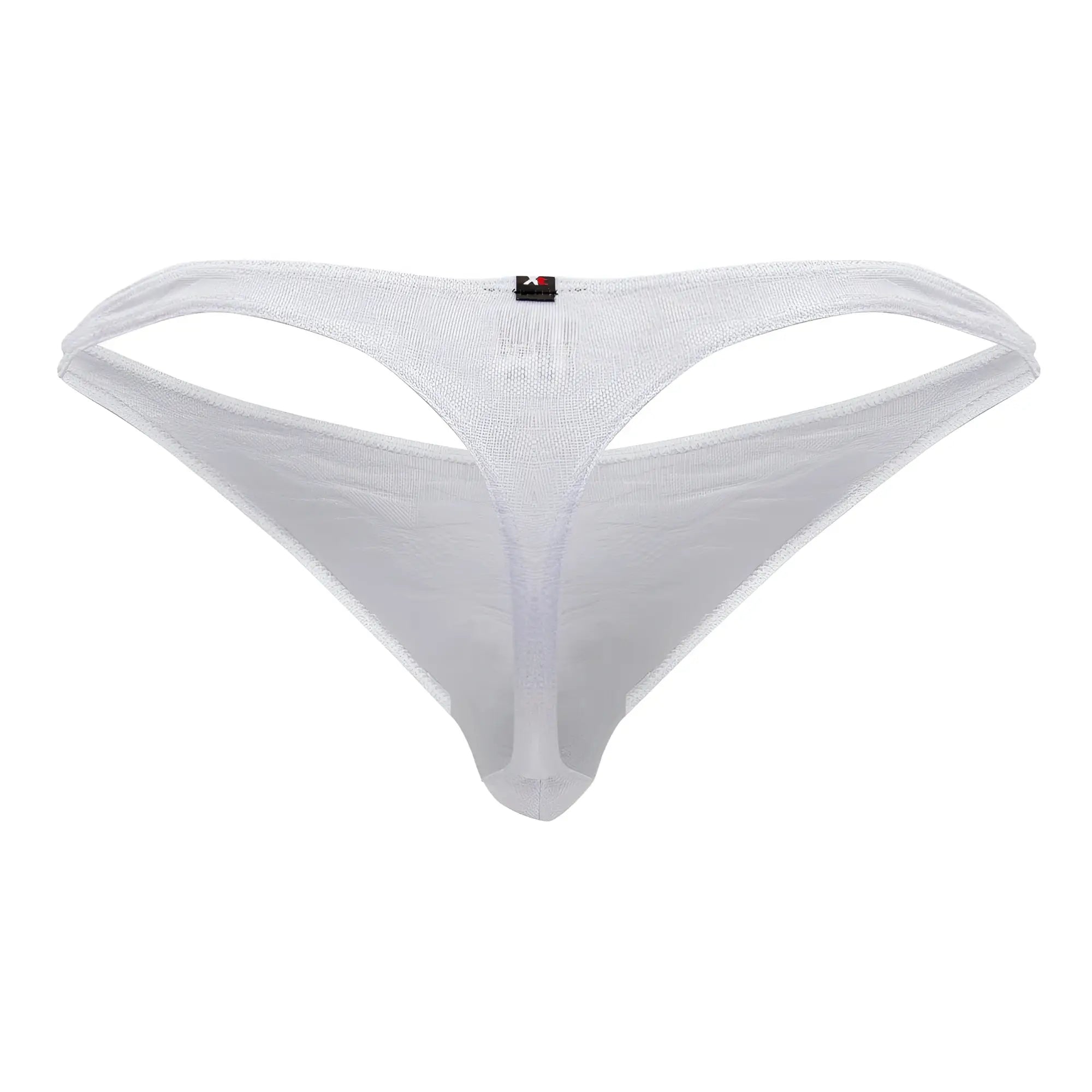 White xtremen 91200 jacquard mesh thong with subtle shimmer and small black brand tag on the back side