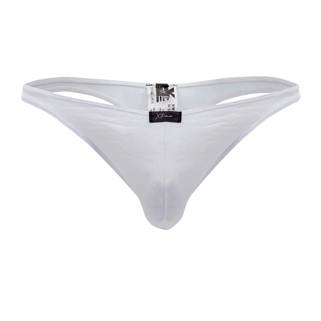 White xtremen 91200 jacquard thong showing back side with textured pattern and black brand tag