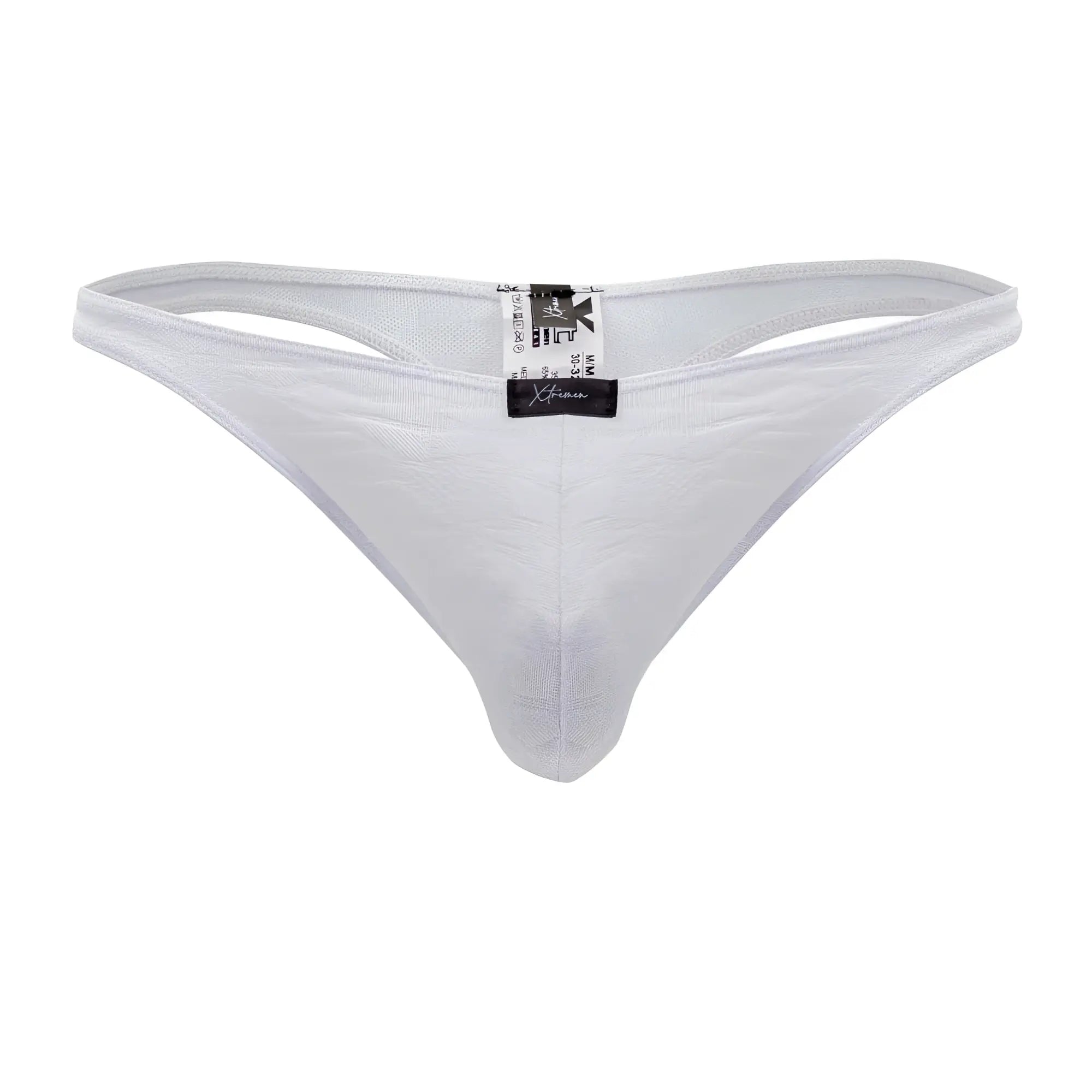 White xtremen 91200 jacquard thong showing back side with textured pattern and black brand tag