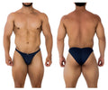 Navy blue xtremen 91201 jacquard bikini briefs with small front logo made from jacquard fabric