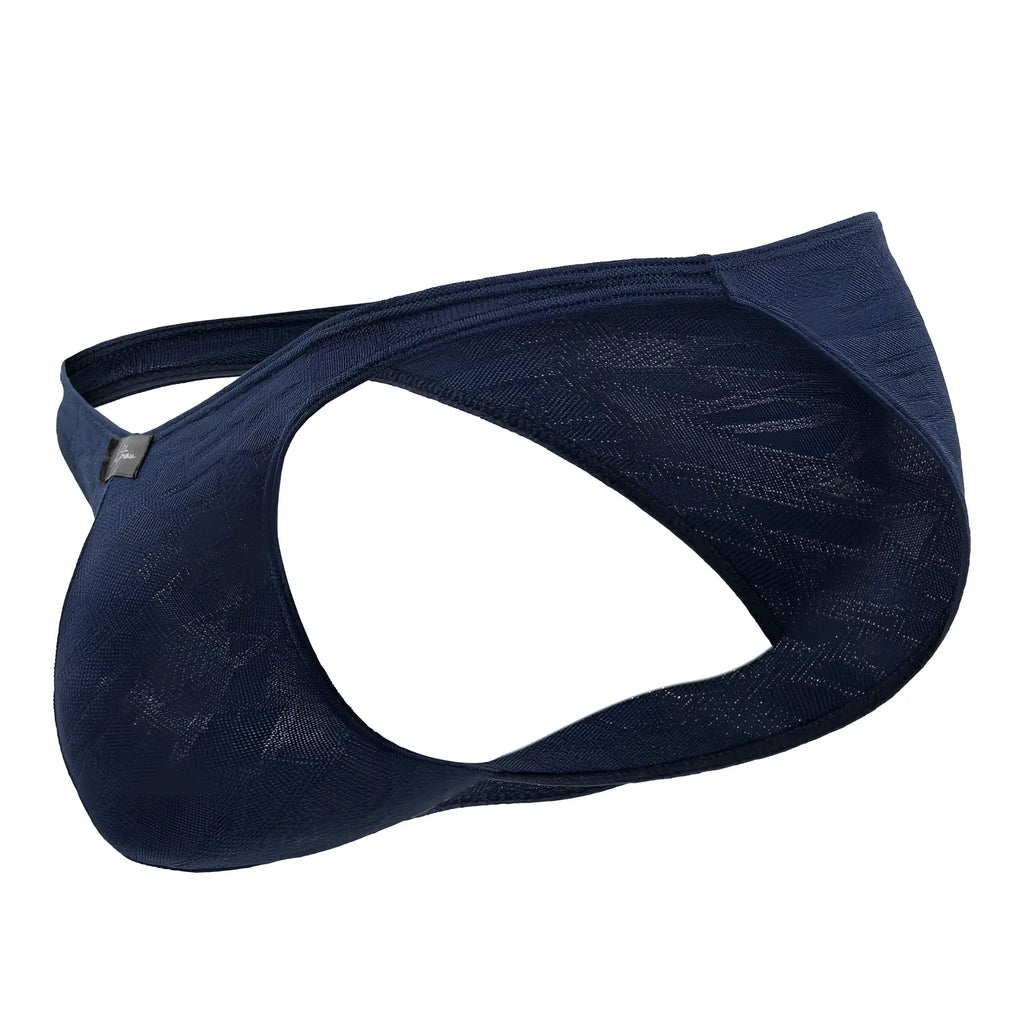Navy blue textured fabric jockstrap with subtle geometric pattern for men xtremen 91201 jacquard bikini dark blue