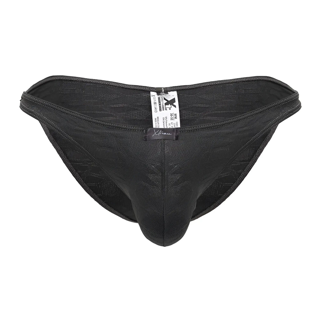 Black xtremen 91201 jacquard bikini briefs with subtle pattern and reinforced stitching in gray textured fabric