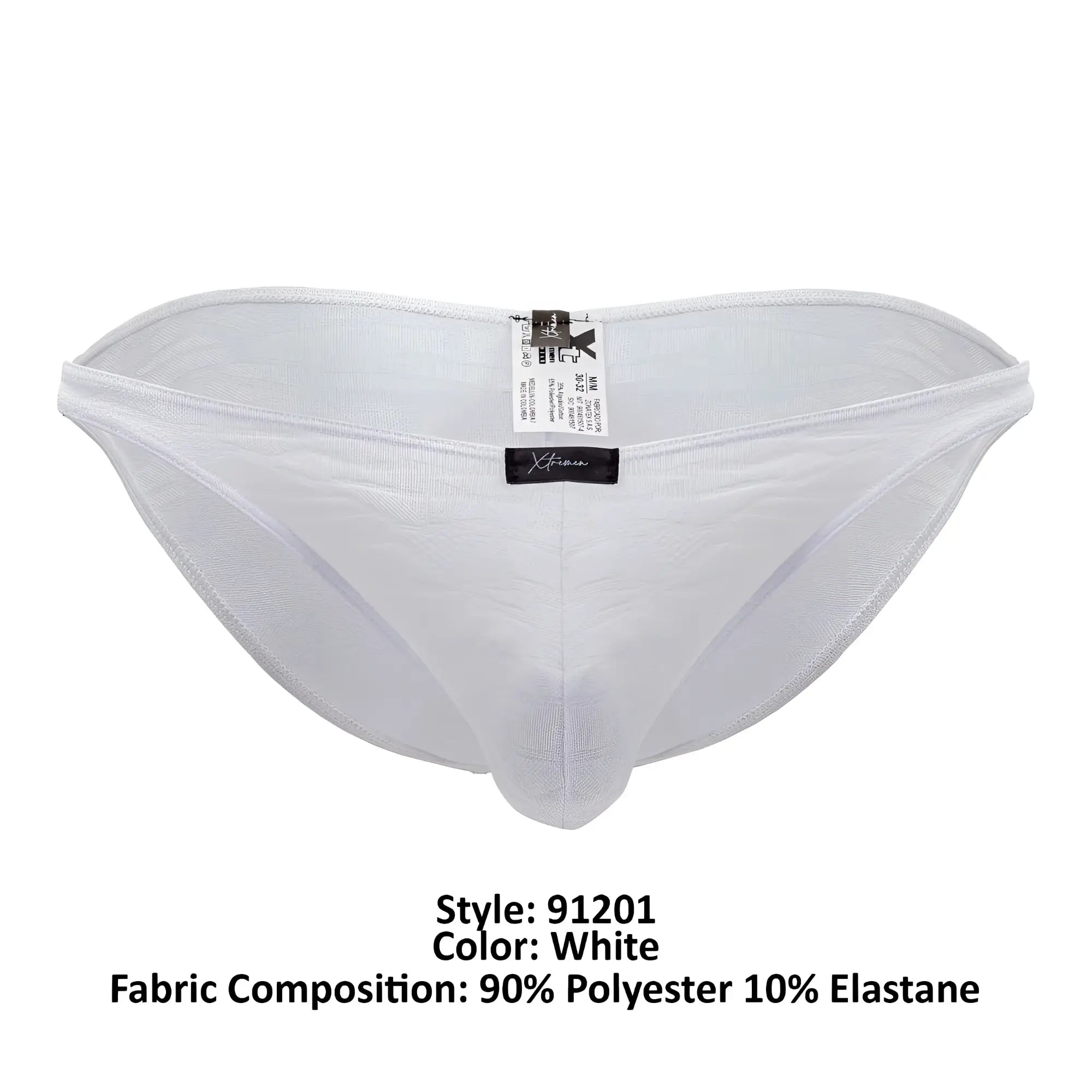 White mesh Xtremen 91201 Jacquard bikini briefs made of 90% polyester 10% elastane with black brand tag at waistband
