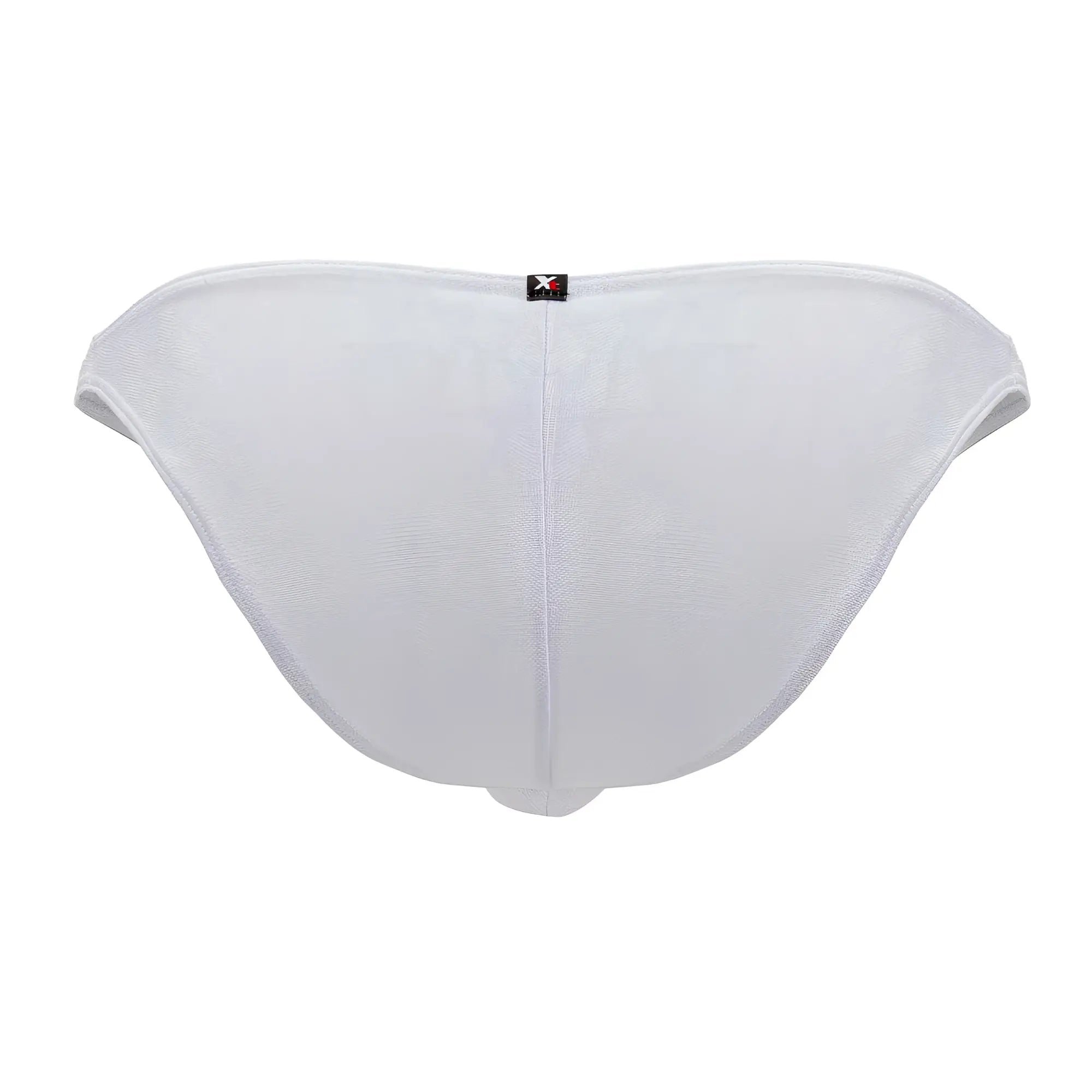 White xtremen 91201 jacquard bikini mesh briefs with subtle texture and small black brand tag at the back