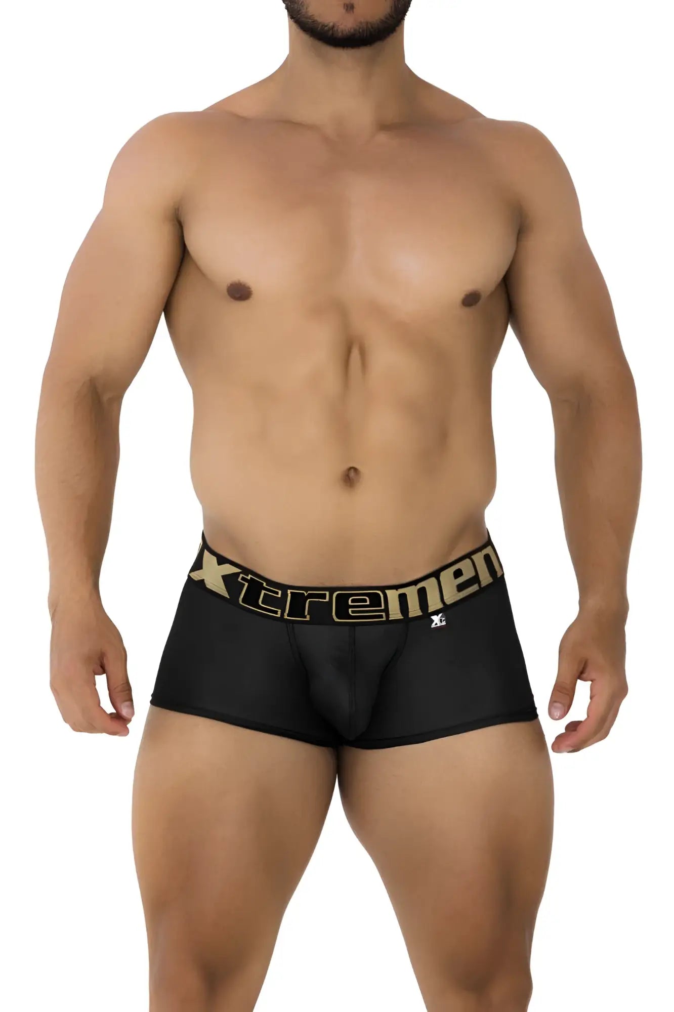 Black xtremen 91202 microfiber trunks with gold waistband logo and xl size tag in front view