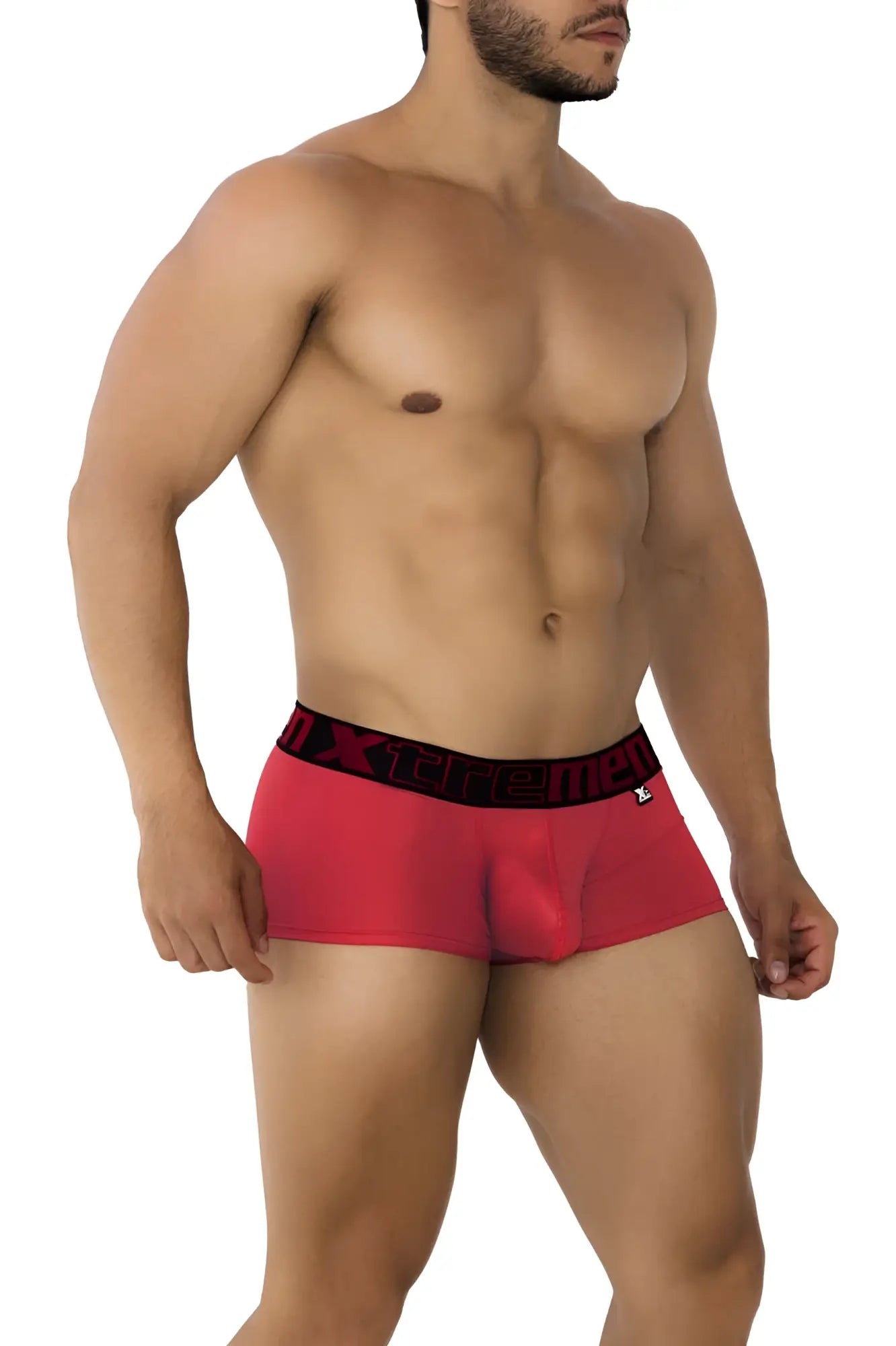Red men’s microfiber briefs xtremen 91202 in cherry with black elastic waistband featuring white lettering