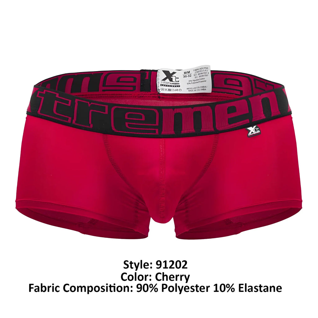Red mens microfiber boxer briefs in cherry color with black waistband featuring tremen logo in bold pink lettering