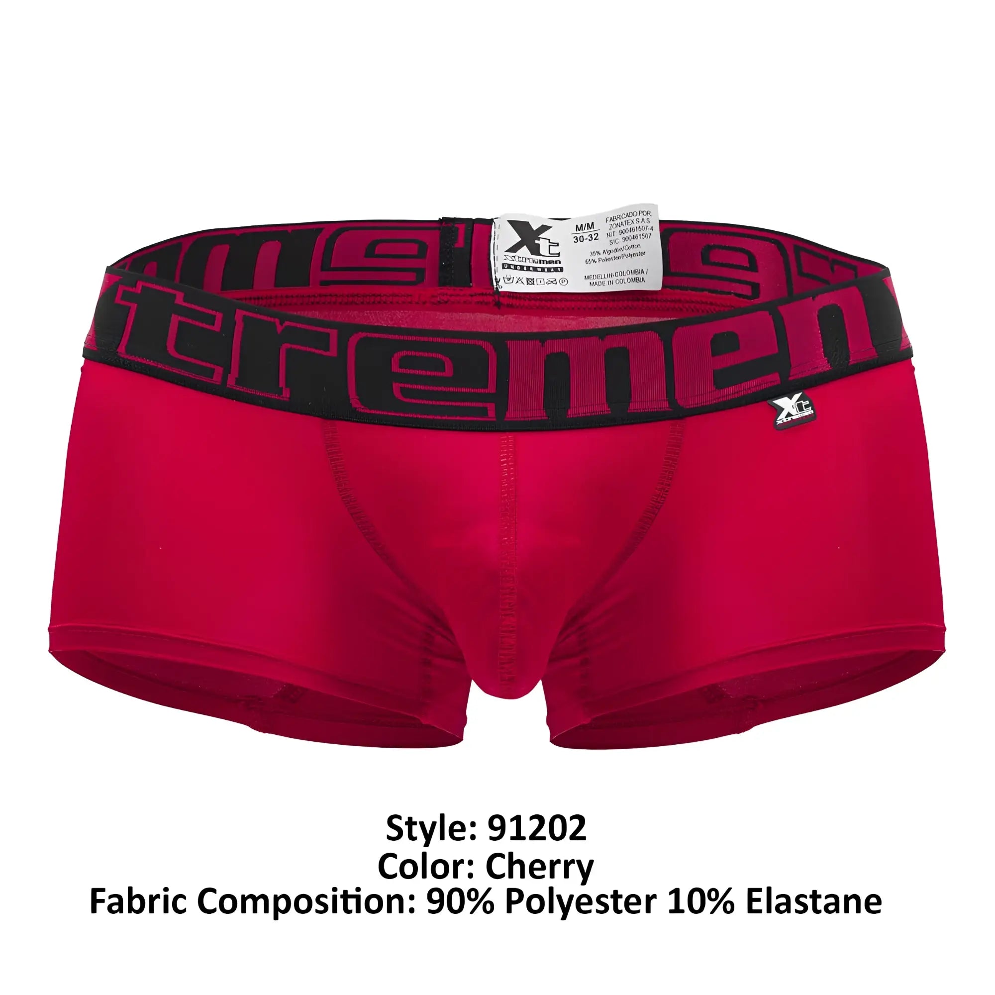 Red mens microfiber boxer briefs in cherry color with black waistband featuring tremen logo in bold pink lettering