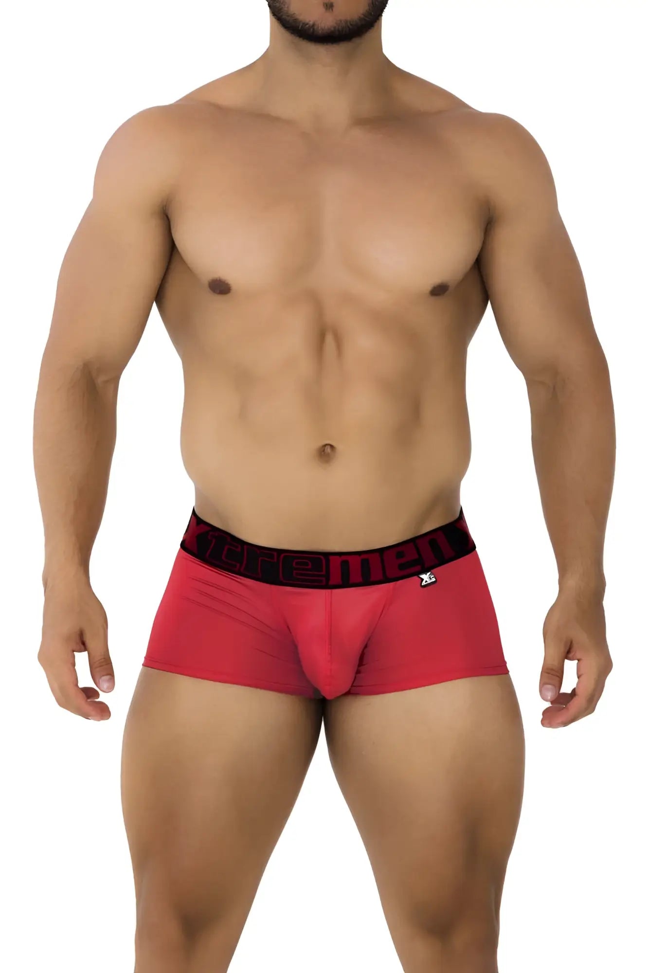 Red men’s microfiber boxer briefs with black xtrememen waistband and x-shaped brand emblem color cherry