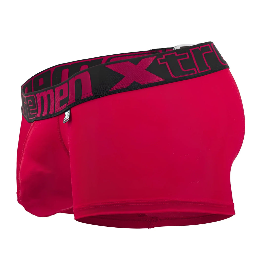 Red men’s boxer briefs in cherry microfiber with black waistband and pink xtreme branding from xtremen 91202 trunks