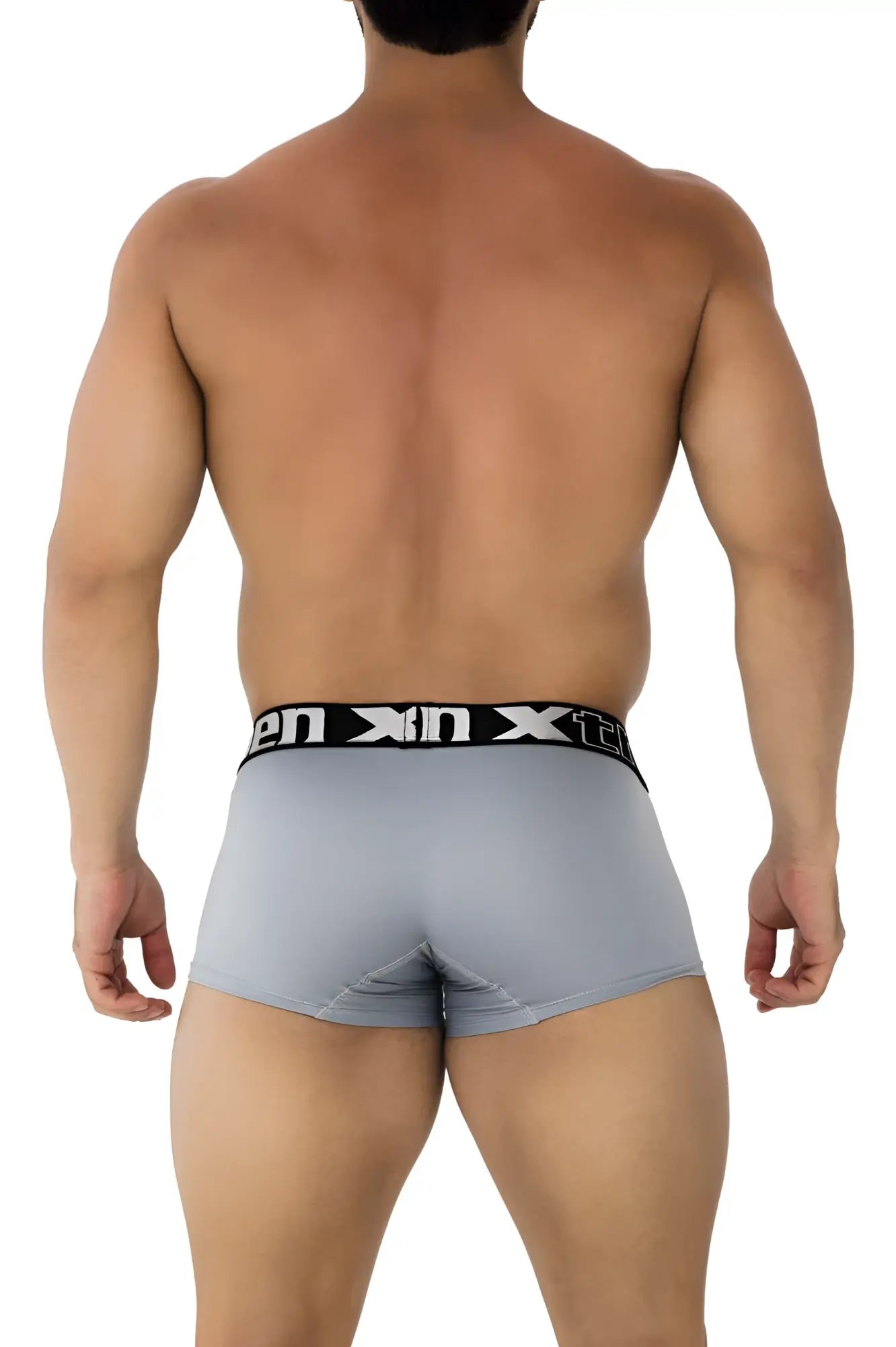 Gray xtremen 91202 microfiber boxer briefs with black elastic waistband featuring xin brand logo in white lettering