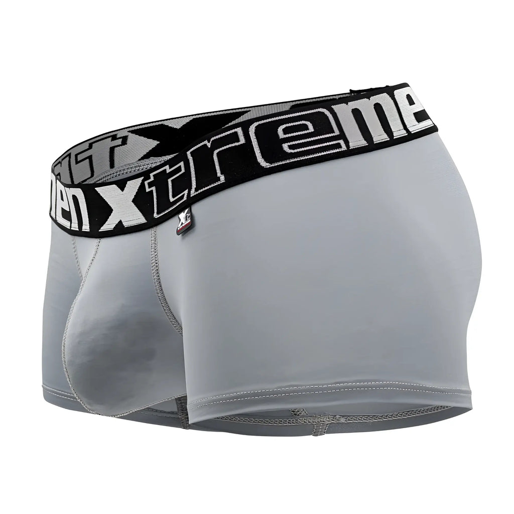Gray xtremen 91202 microfiber men’s boxer briefs with black waistband and white xtreme branding front view