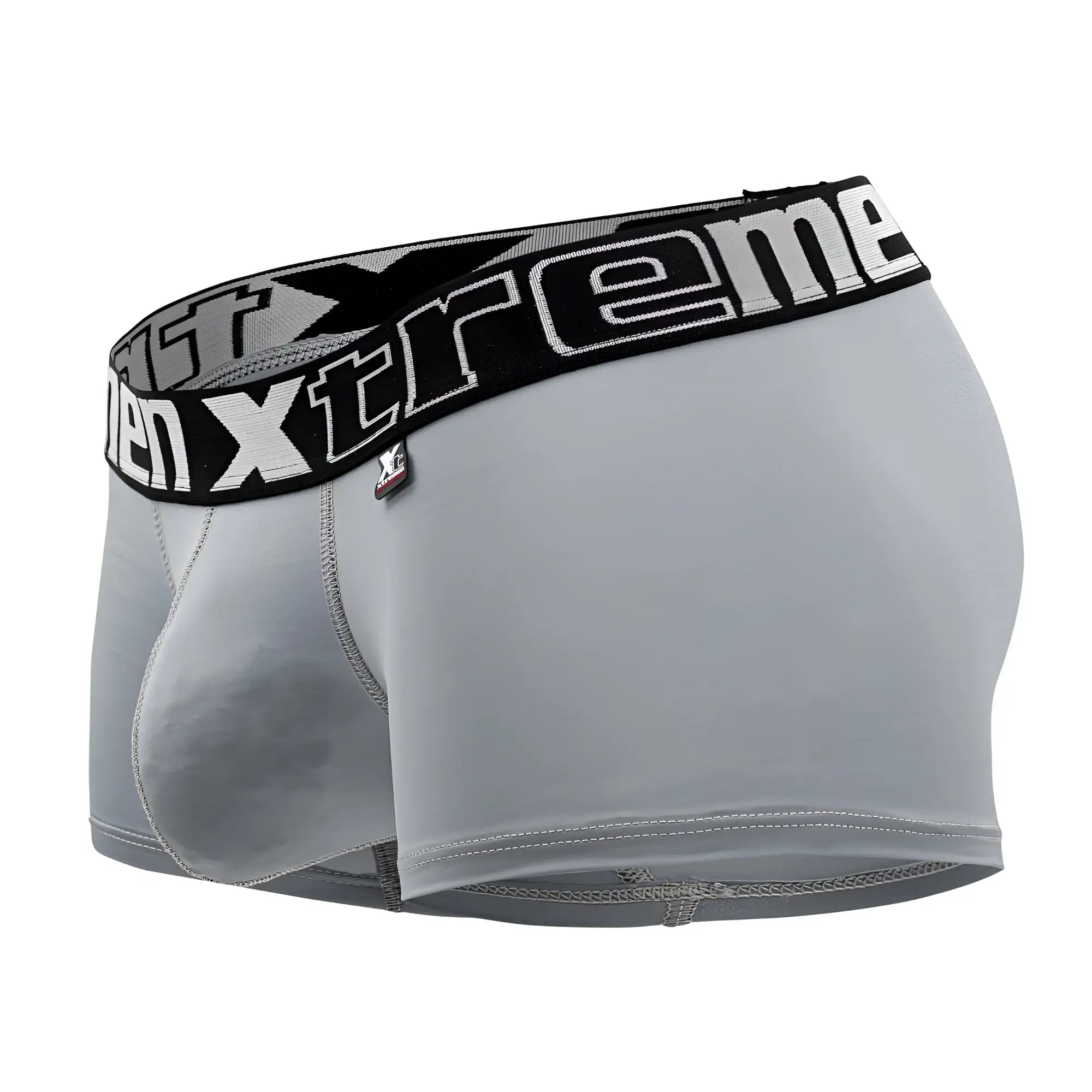 Gray xtremen 91202 microfiber men’s boxer briefs with black waistband and white xtreme branding front view