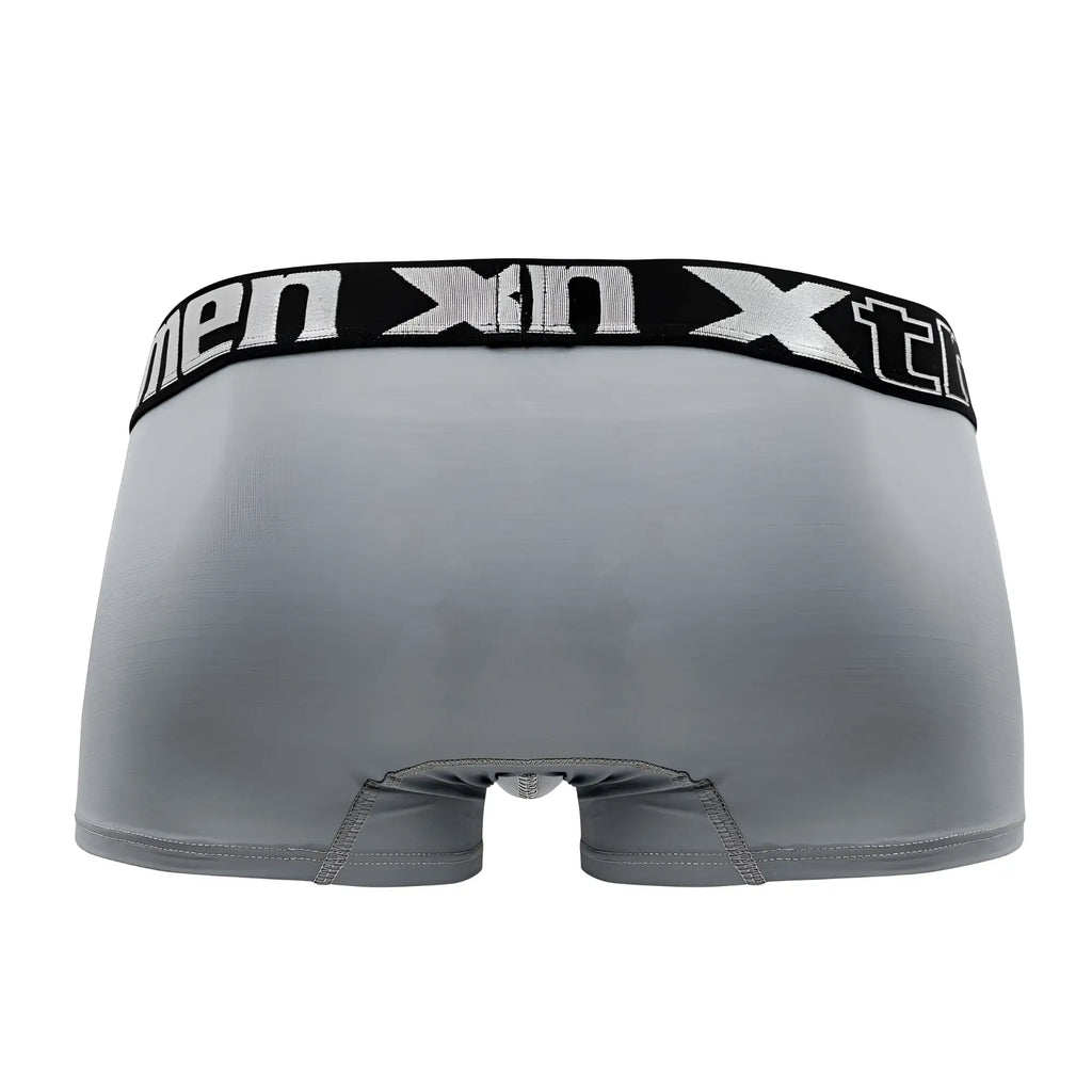 Gray xtremen 91202 microfiber men’s boxer briefs with black elastic waistband and white men xn branding
