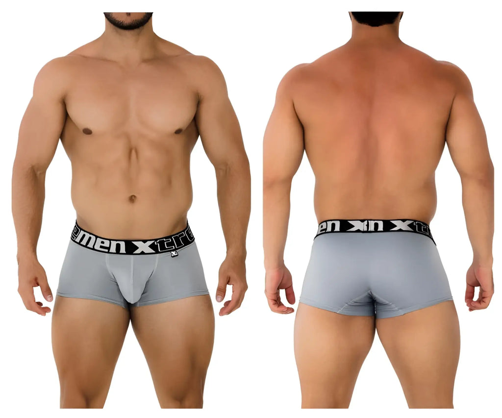 Gray men’s microfiber boxer briefs with black elastic waistband and men xtra logo for comfortable everyday wear