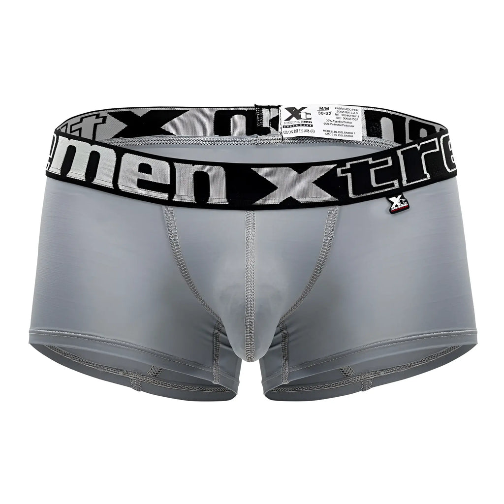 Gray xtremen 91202 microfiber boxer briefs with black elastic waistband and white xtreme lettering with brand tag