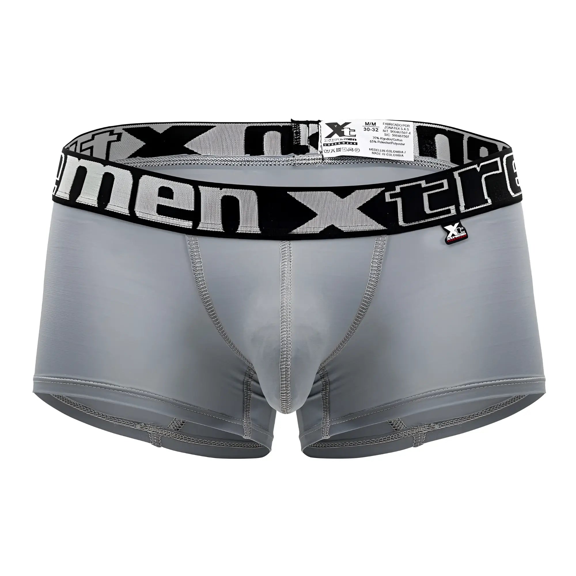 Gray xtremen 91202 microfiber boxer briefs with black elastic waistband and white xtreme lettering with brand tag