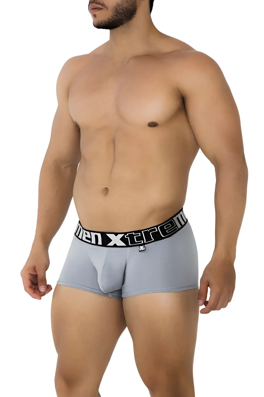 Gray men’s microfiber boxer briefs with a black elastic waistband featuring the men xtreme logo in white lettering
