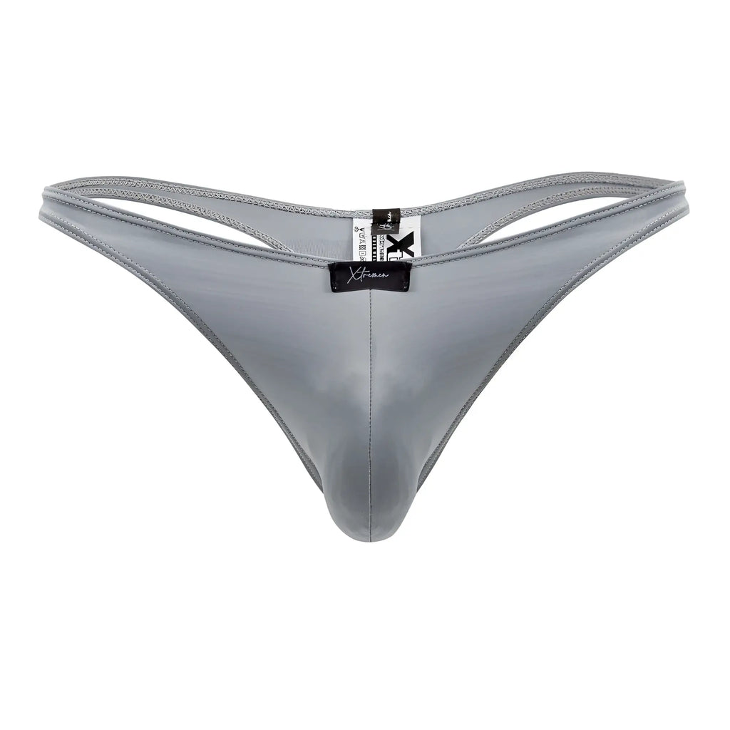 Gray shiny nylon xtremen 91203 microfiber thong with a black brand tag front view