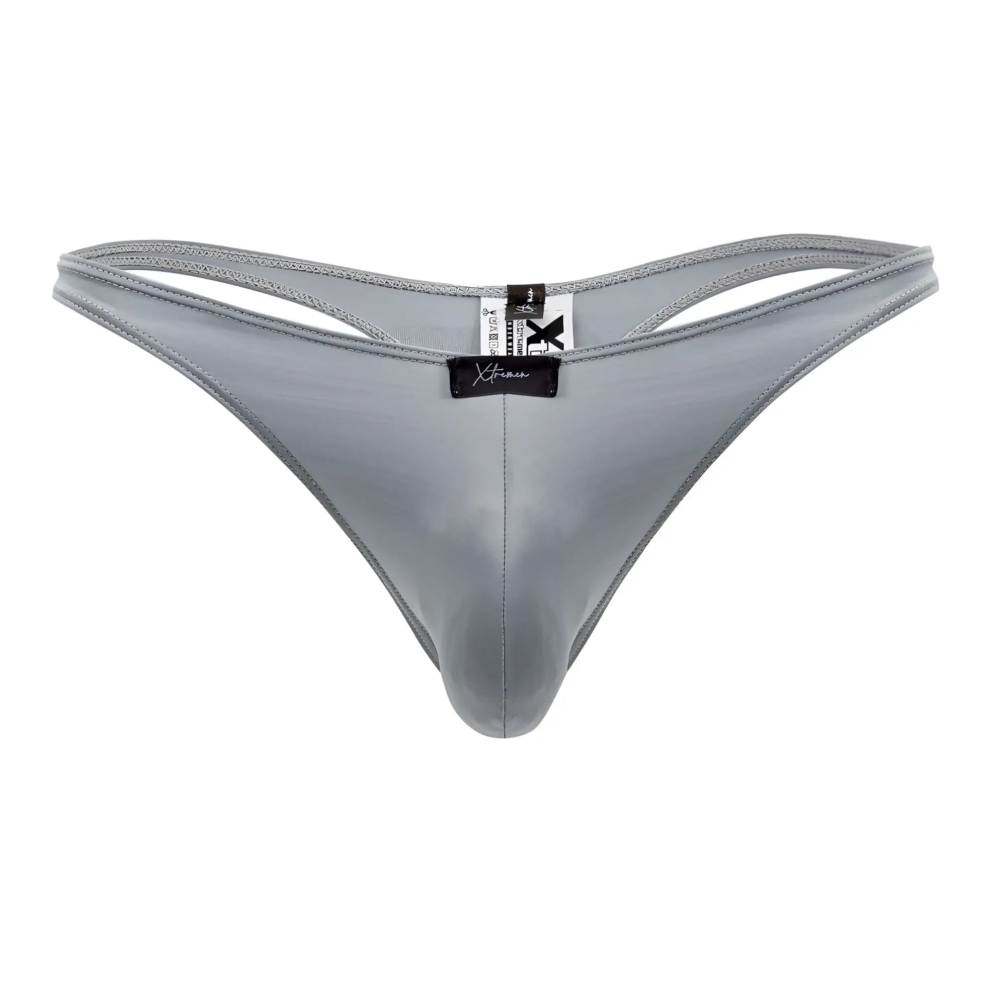 Gray shiny nylon xtremen 91203 microfiber thong with a black brand tag front view