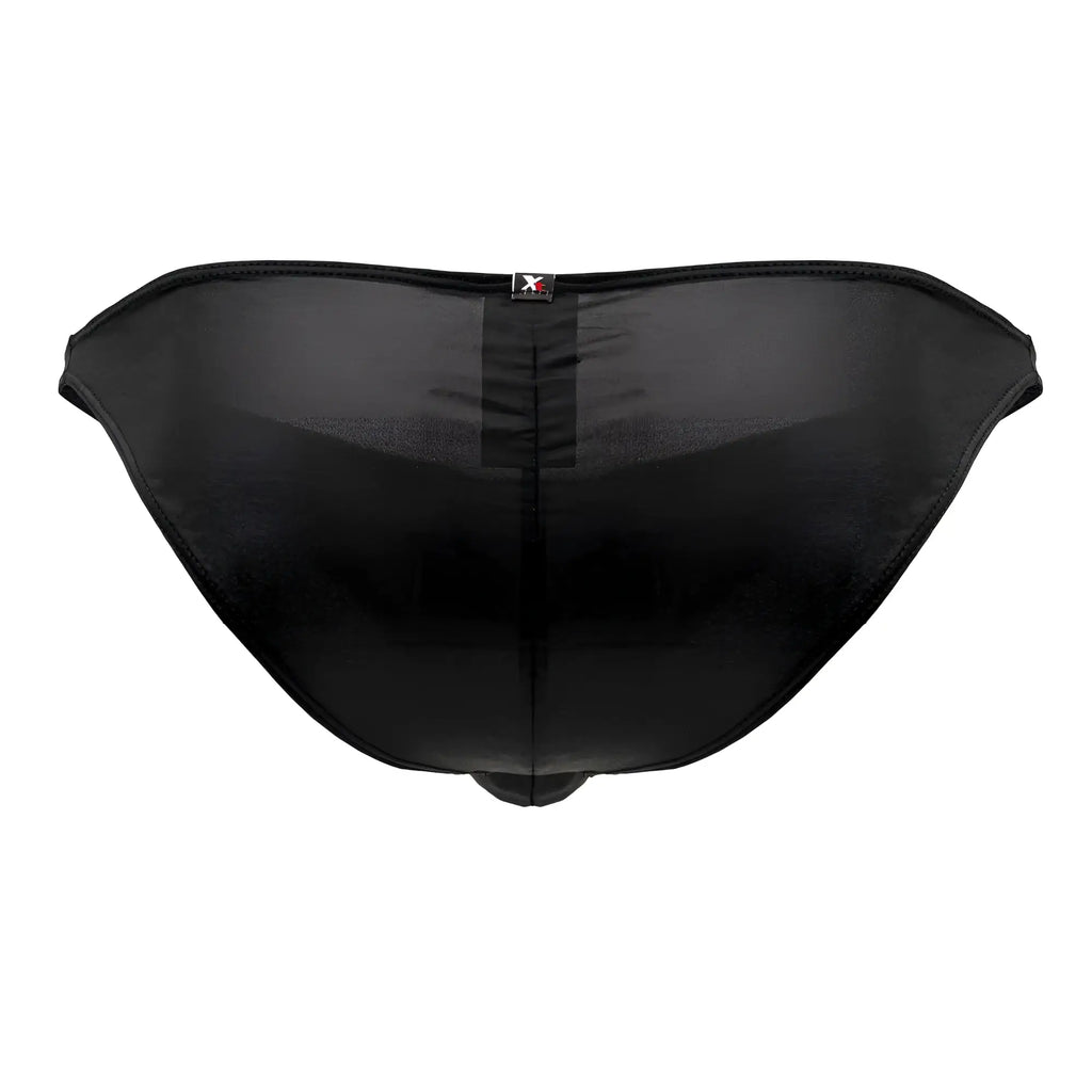 Back side of black xtremen 91204 microfiber bikini briefs with mesh fabric central seam and small logo tag