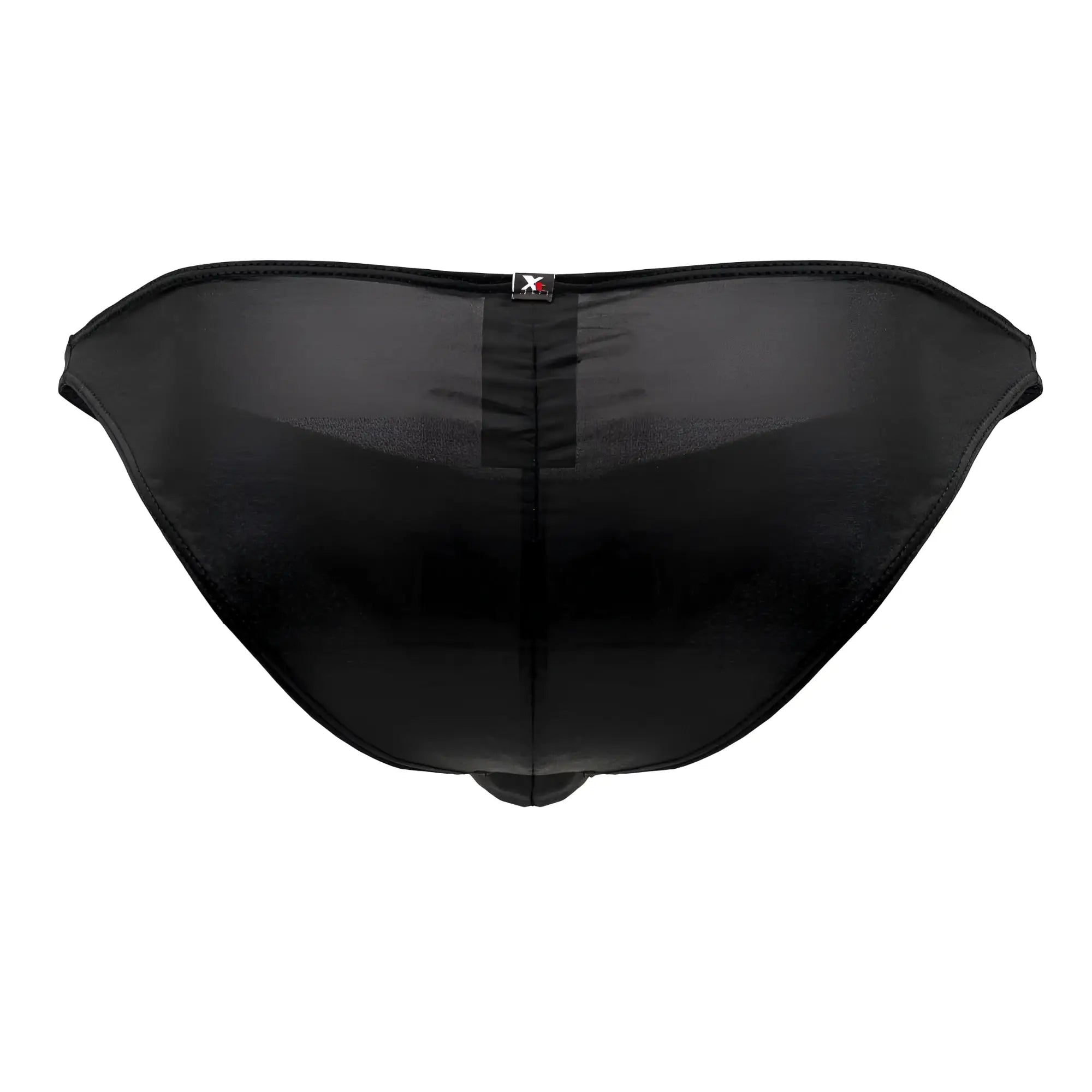 Back side of black xtremen 91204 microfiber bikini briefs with mesh fabric central seam and small logo tag