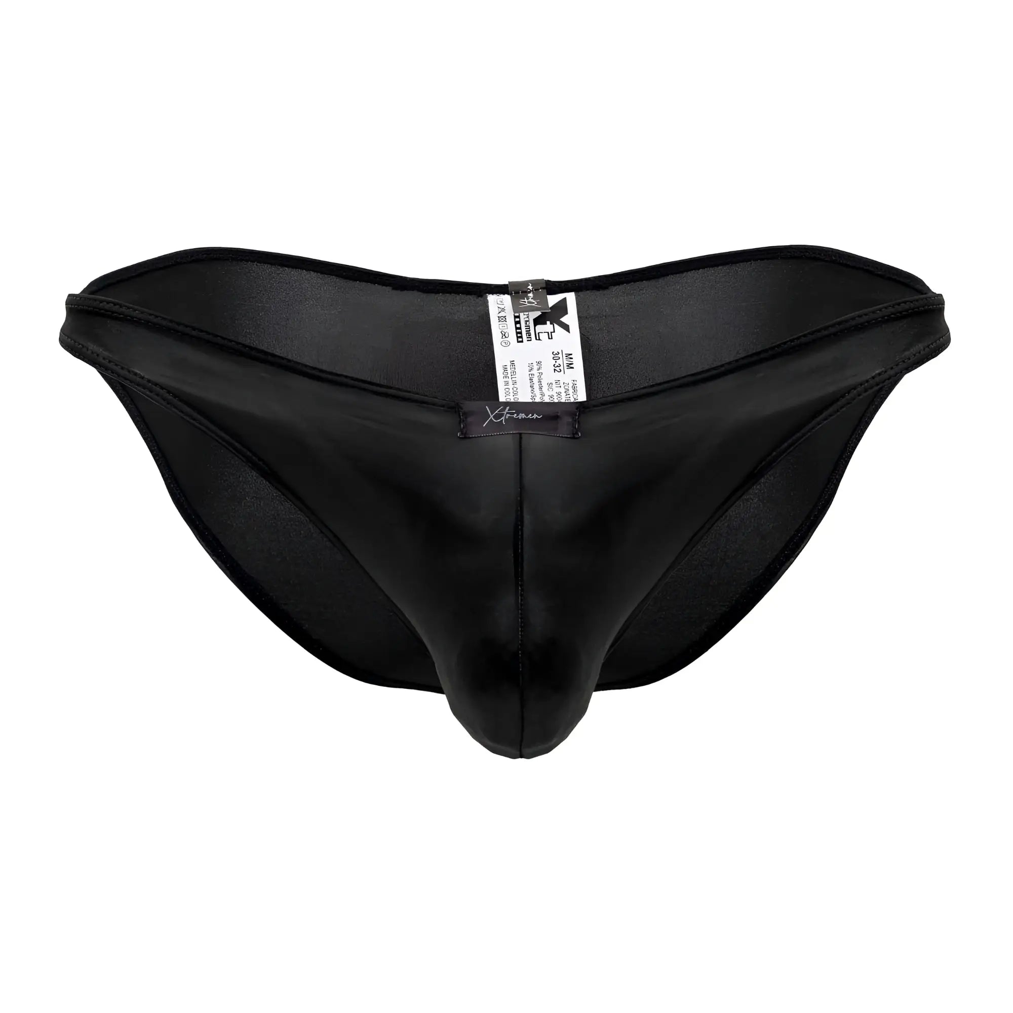 Xtremen 91204 microfiber bikini black satin-like men’s briefs with smooth glossy finish and central seam