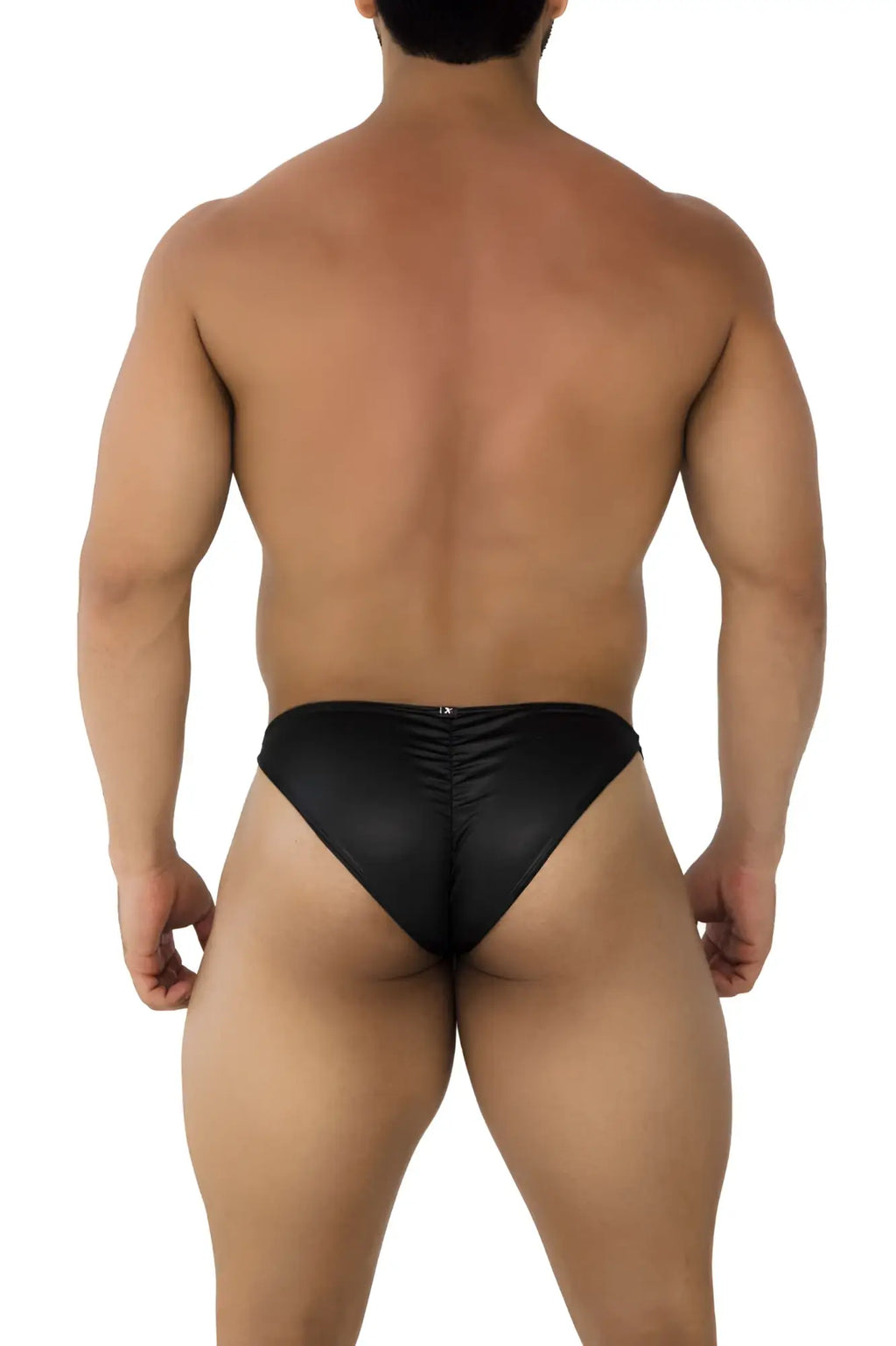 Black satin-like microfiber bikini briefs in black with a ruched back design shown from the back side