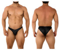 Black shiny latex briefs with subtle ruched back design from xtremen 91204 microfiber bikini in black shown from back side