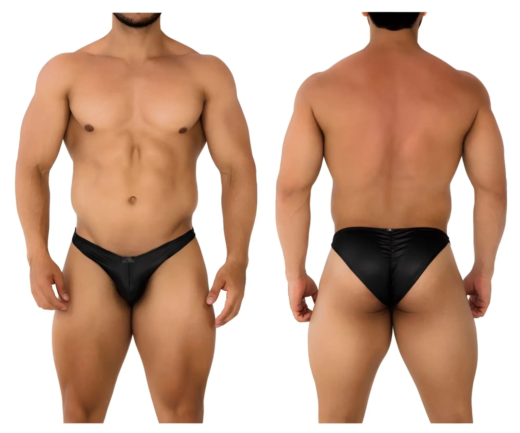 Black shiny latex briefs with subtle ruched back design from xtremen 91204 microfiber bikini in black shown from back side