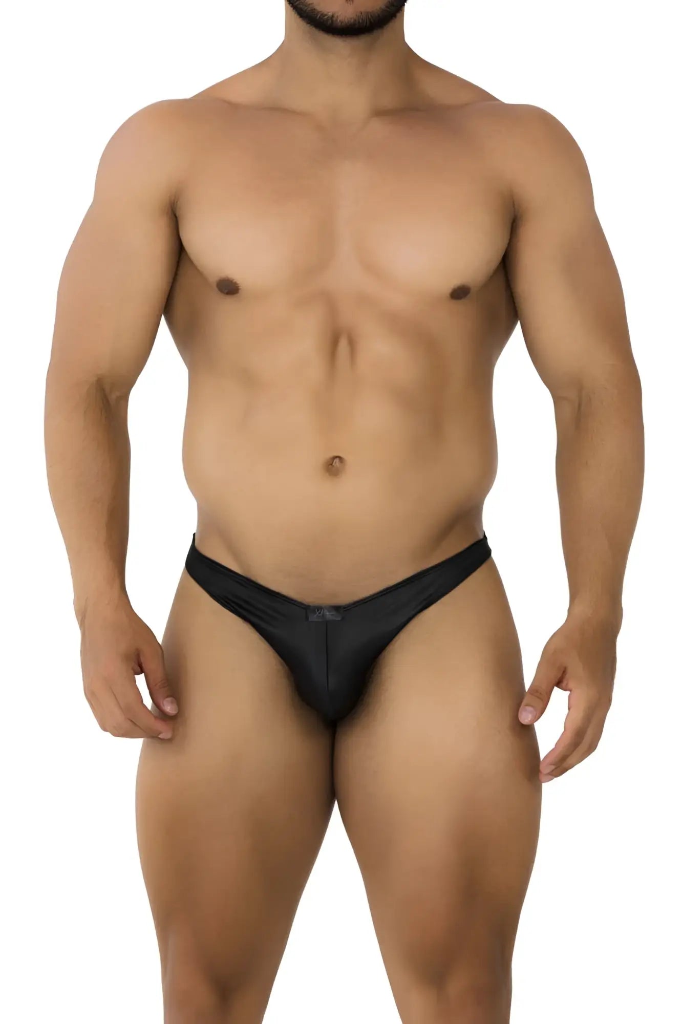 Black xtremen 91204 microfiberglass bikini thong made of sleek shiny form-fitting material showing front view